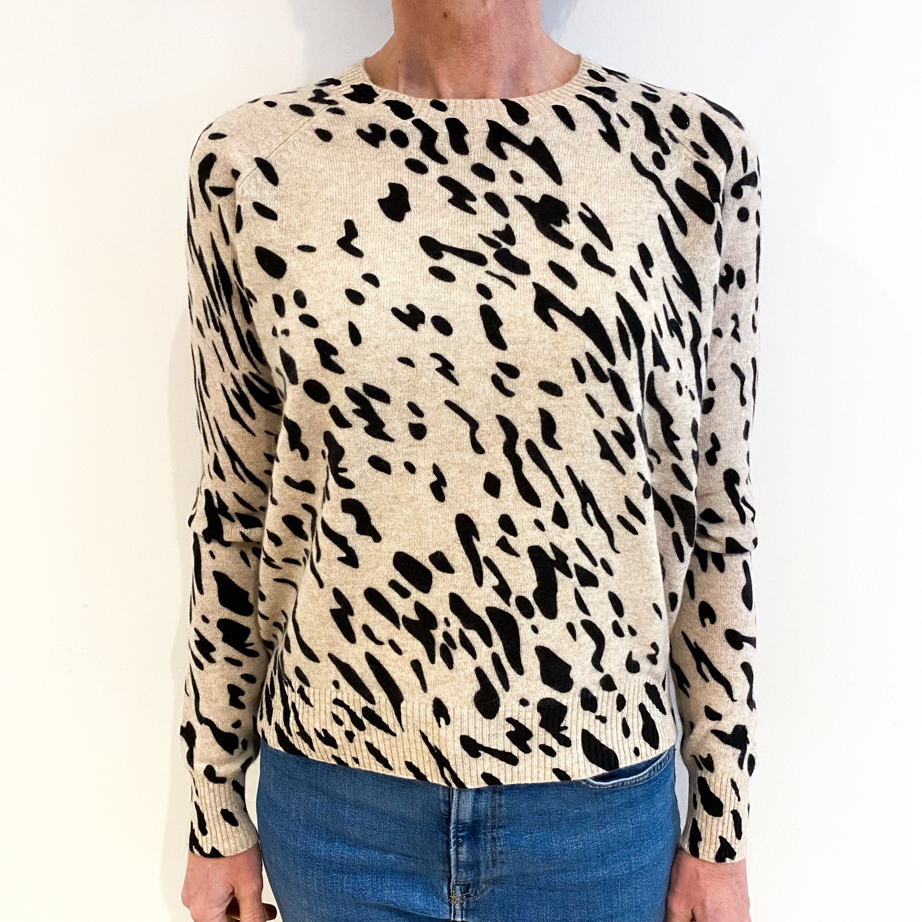 Oatmeal Beige Animal Print Cashmere Crew Neck Jumper Small