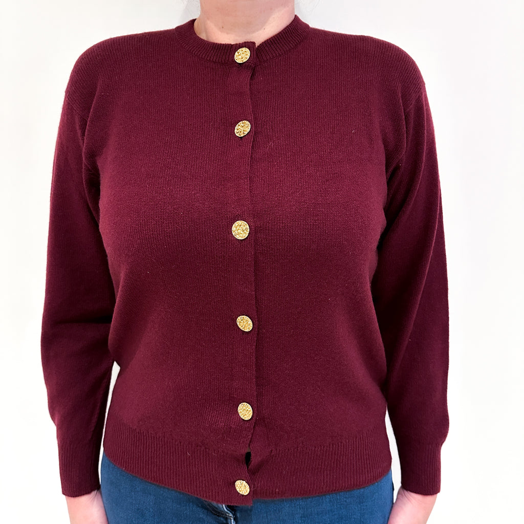 Vintage Scottish Mulberry Red Cashmere Crew Neck Cardigan Large