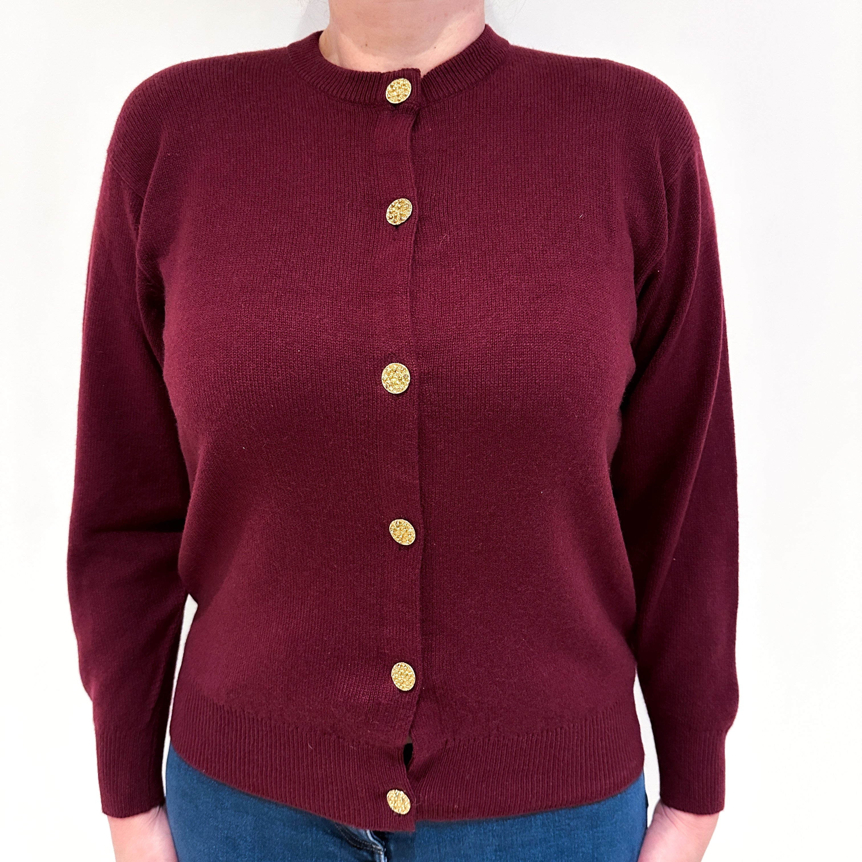 Vintage Scottish Mulberry Red Cashmere Crew Neck Cardigan Large