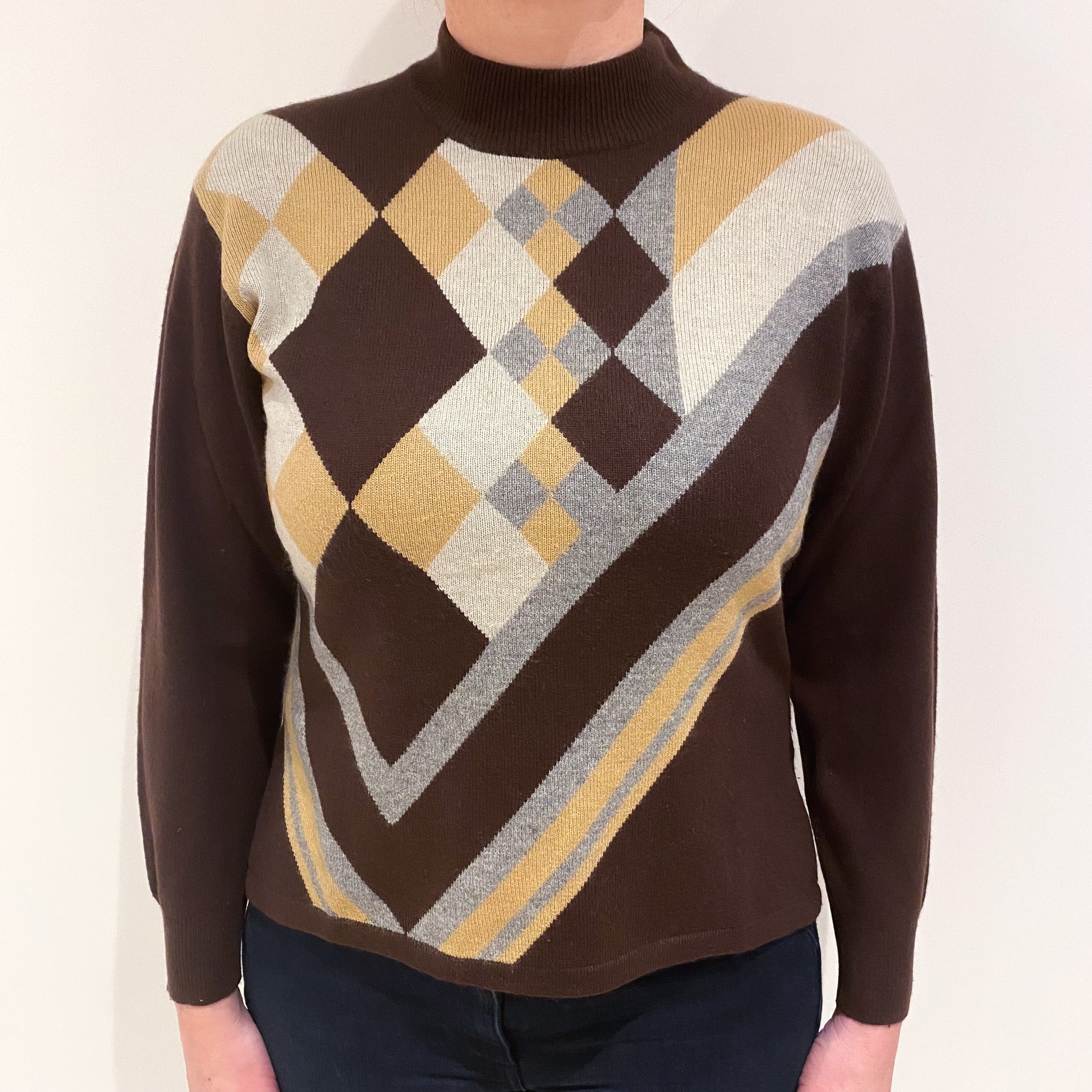Chocolate Brown Geometric Cashmere Turtle Neck Jumper Large