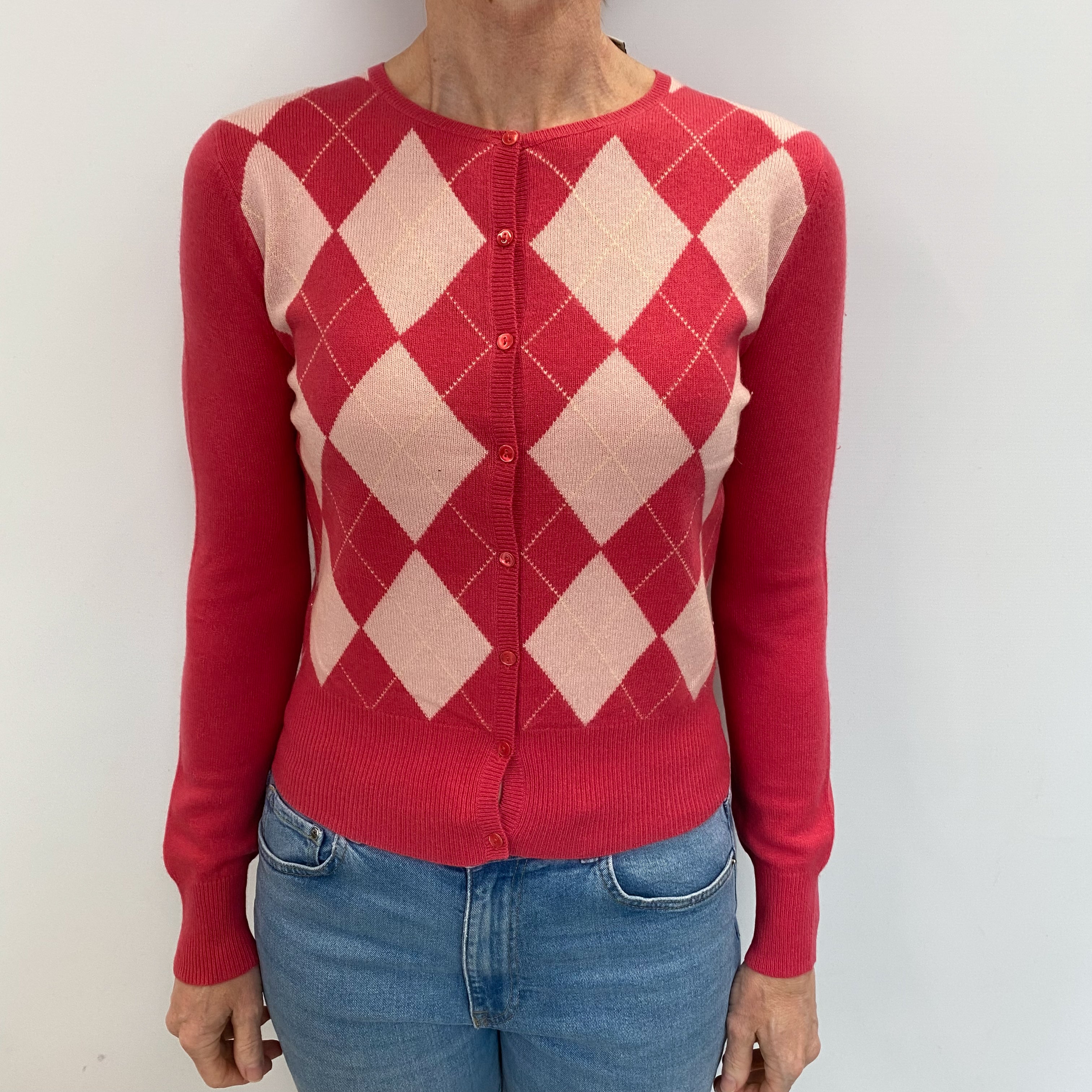 Raspberry Pink Argyle Cashmere Crew Neck Cardigan Small
