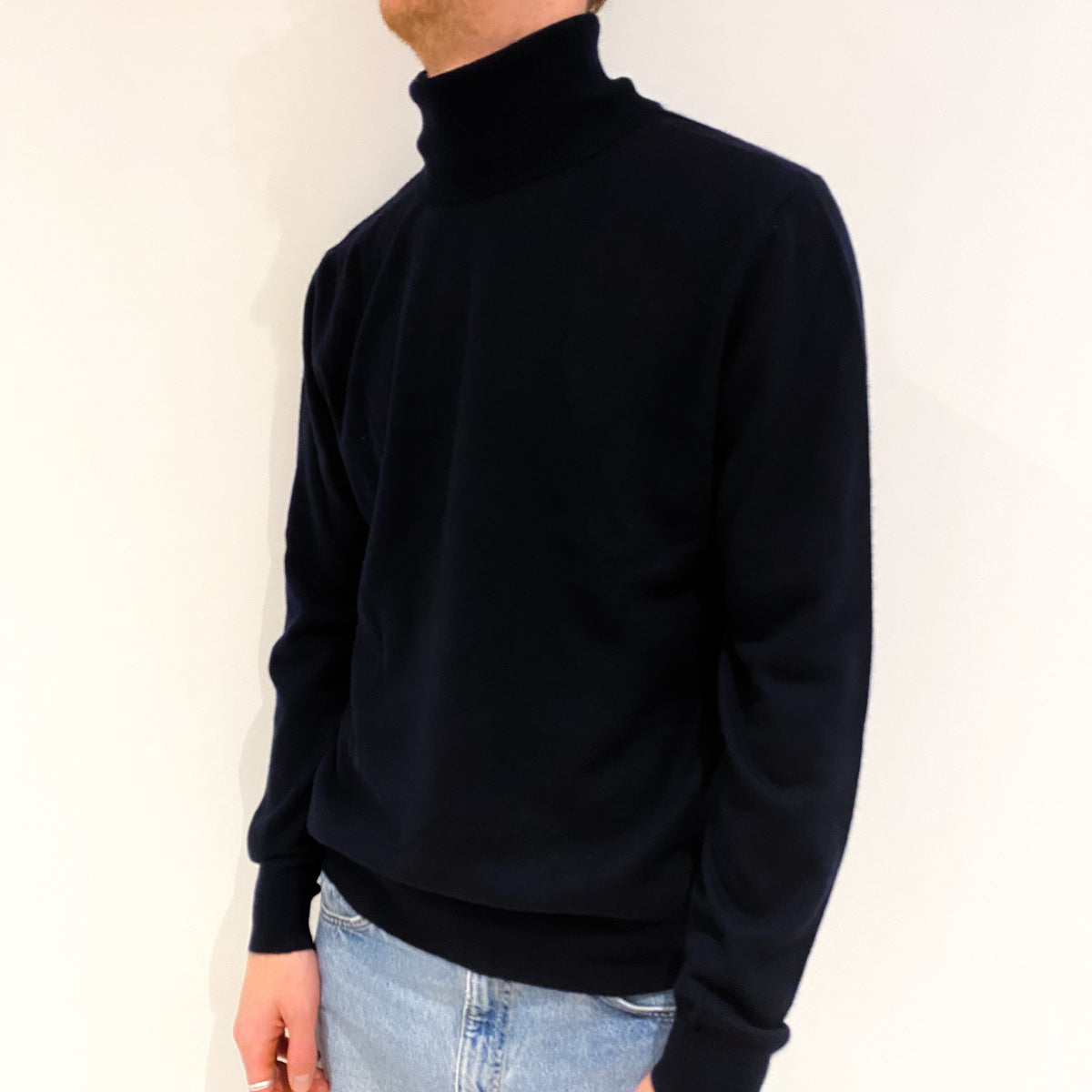 Men's Dark Navy Blue Cashmere Polo Neck Jumper Large