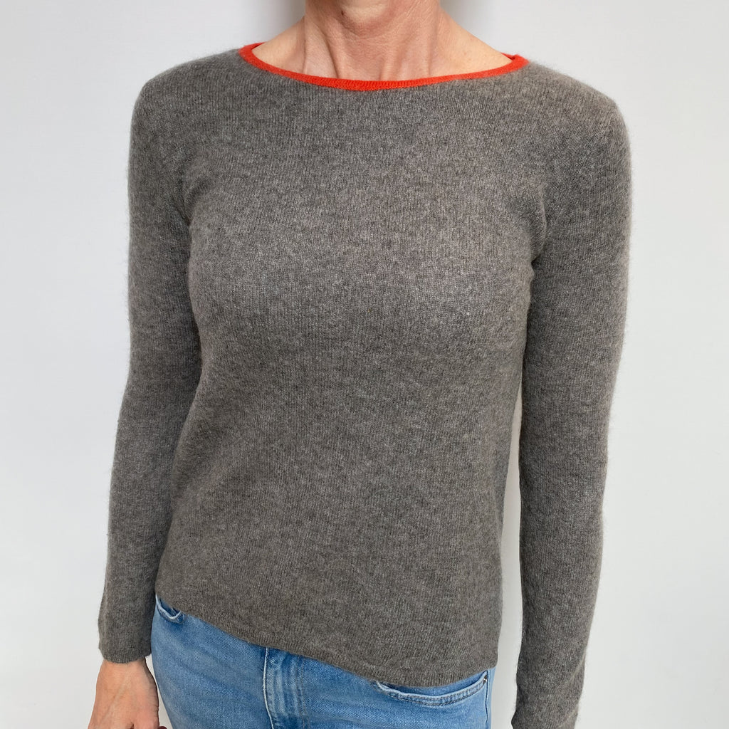 Italian Ash Grey Orange Trim Cashmere Crew Neck Jumper Small