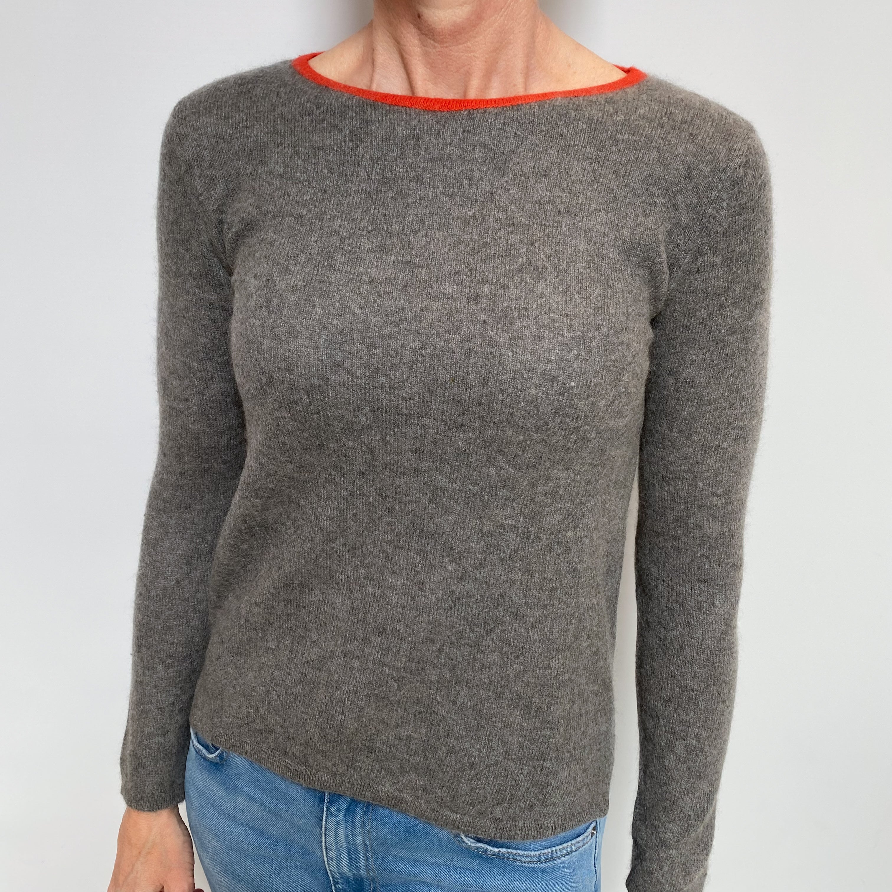 Italian Ash Grey Orange Trim Cashmere Crew Neck Jumper Small