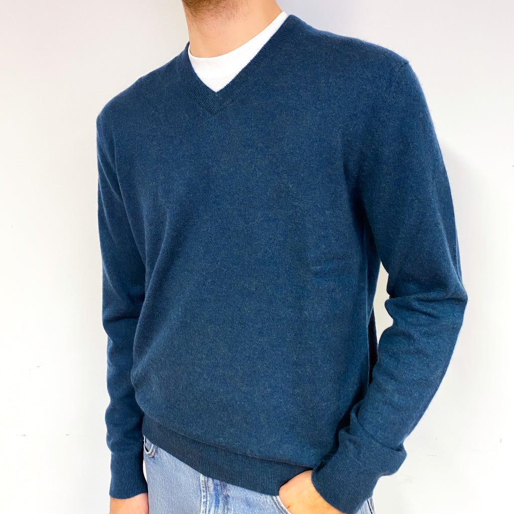 Men's Peacock Blue Cashmere V-Neck Jumper Large