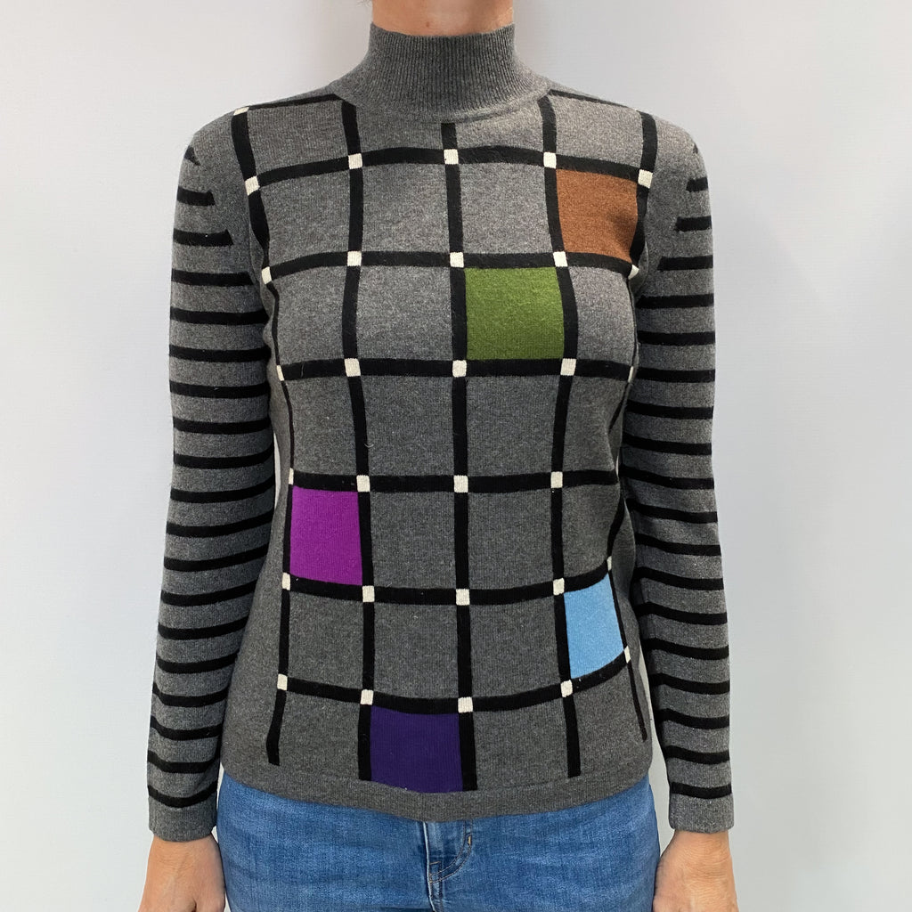 Slate Grey Patterned Cashmere Polo Neck Jumper Small