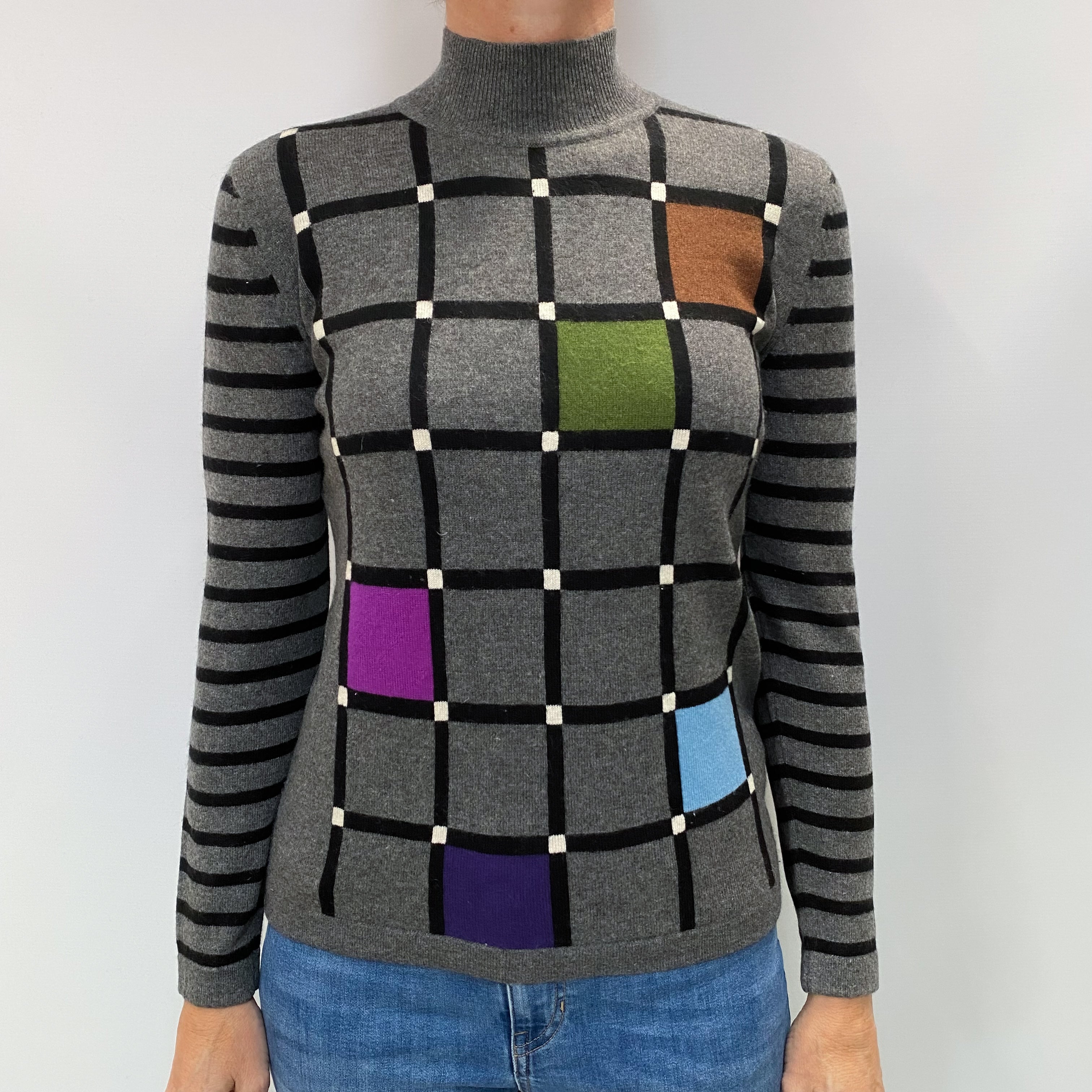 Slate Grey Patterned Cashmere Polo Neck Jumper Small