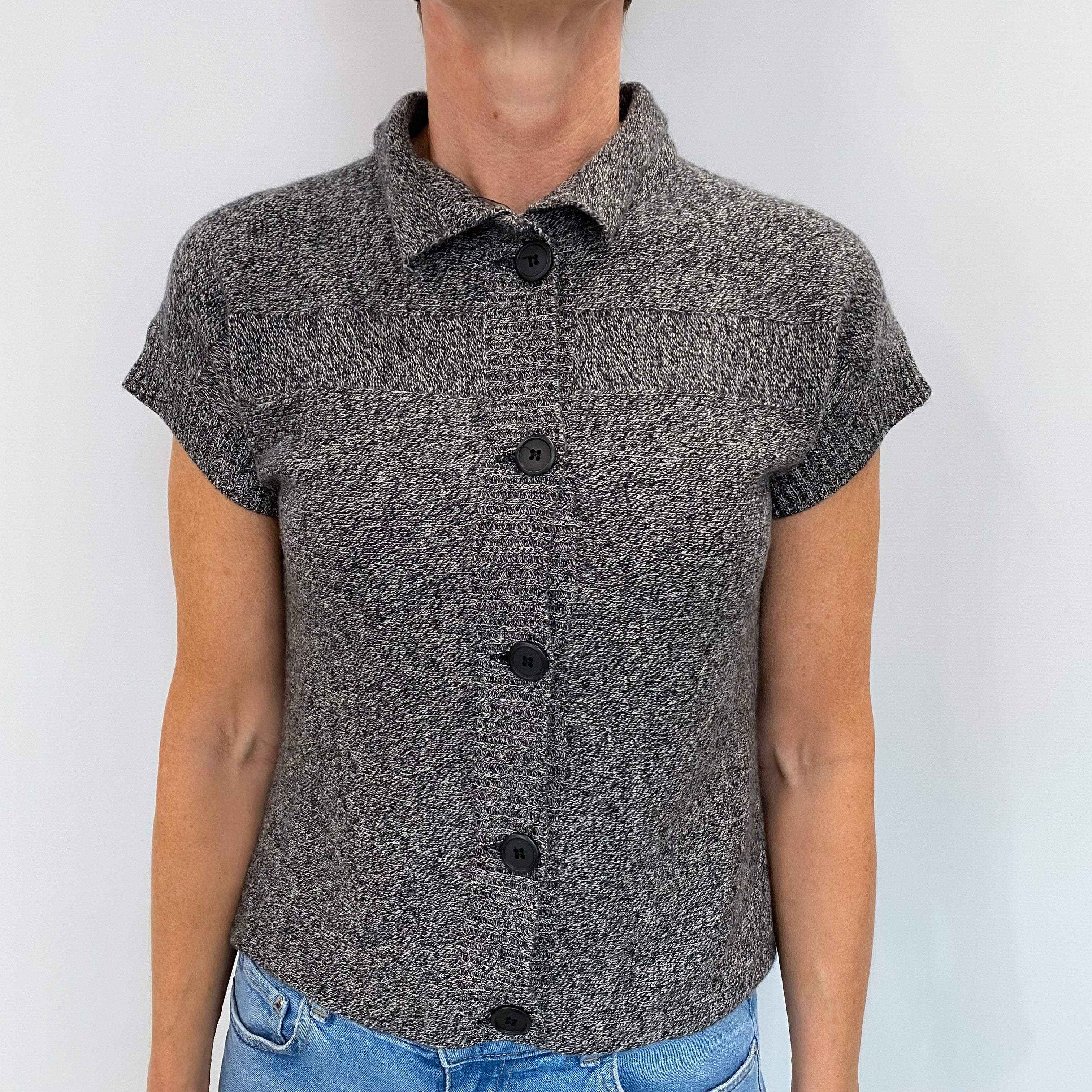 Black Grey Marl Cashmere Collared Short Sleeved  Cardigan Small