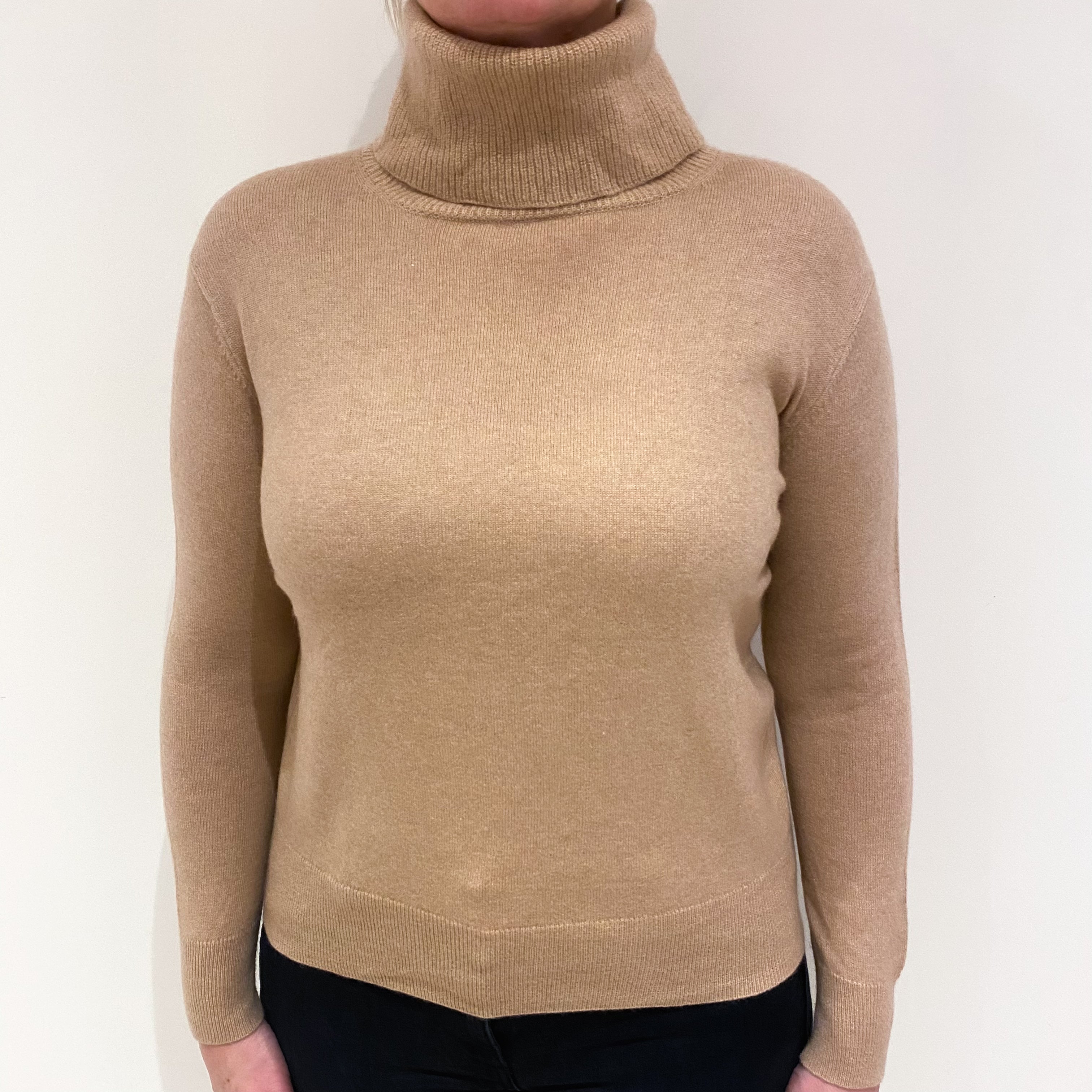 Buff Beige Cashmere Polo Neck Jumper Large