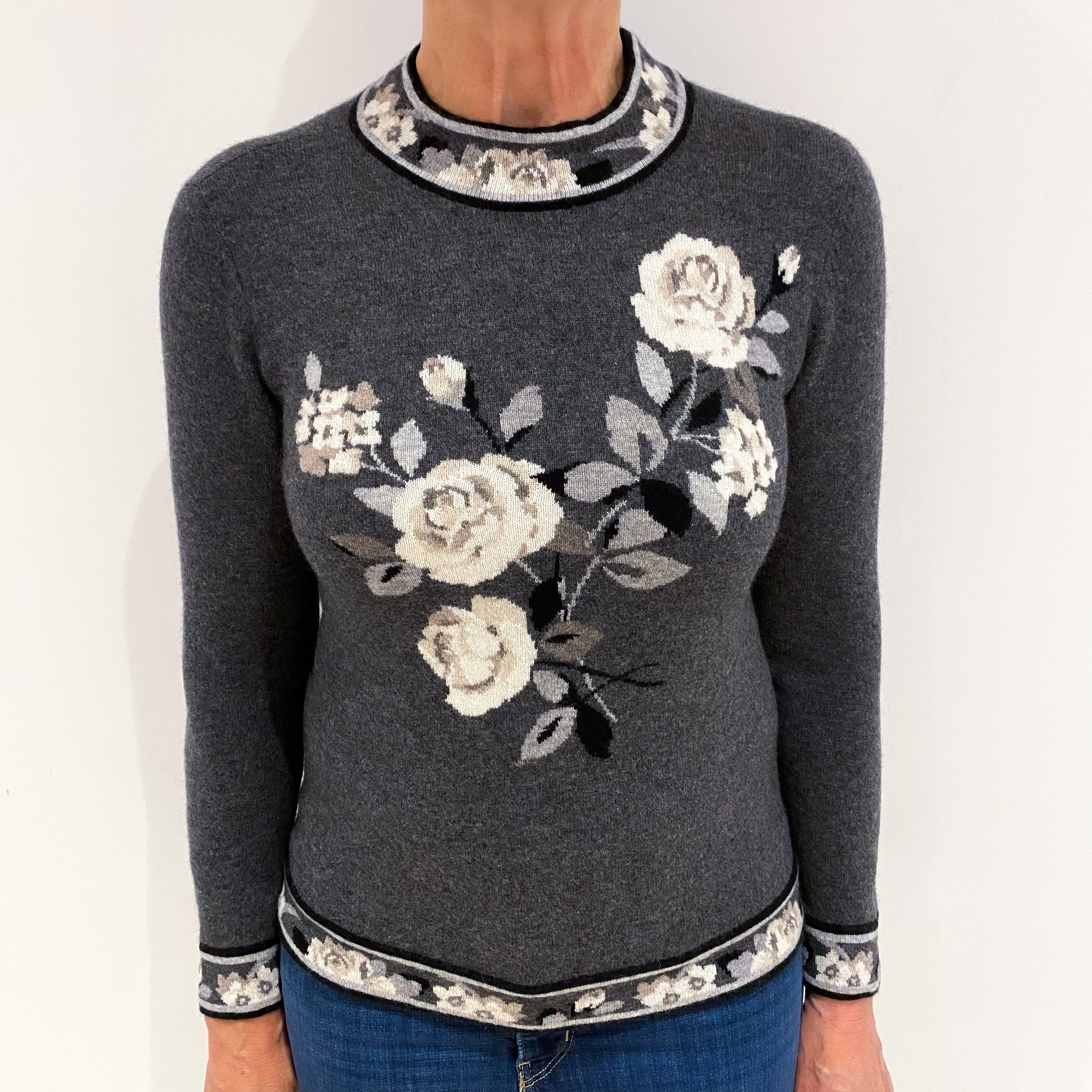 Slate Grey Floral Cashmere Turtle Neck Jumper Medium
