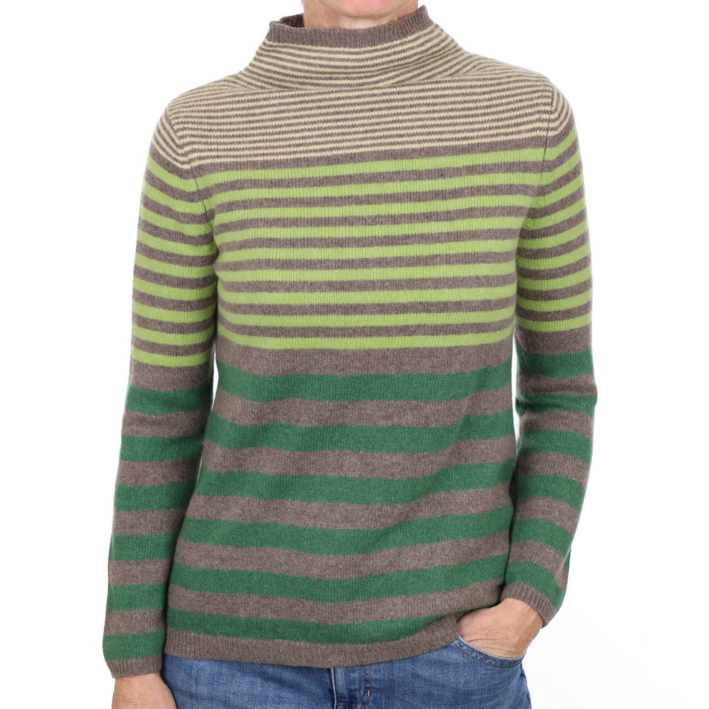 Green and Grey Stripe Cashmere Funnel Neck Jumper Small