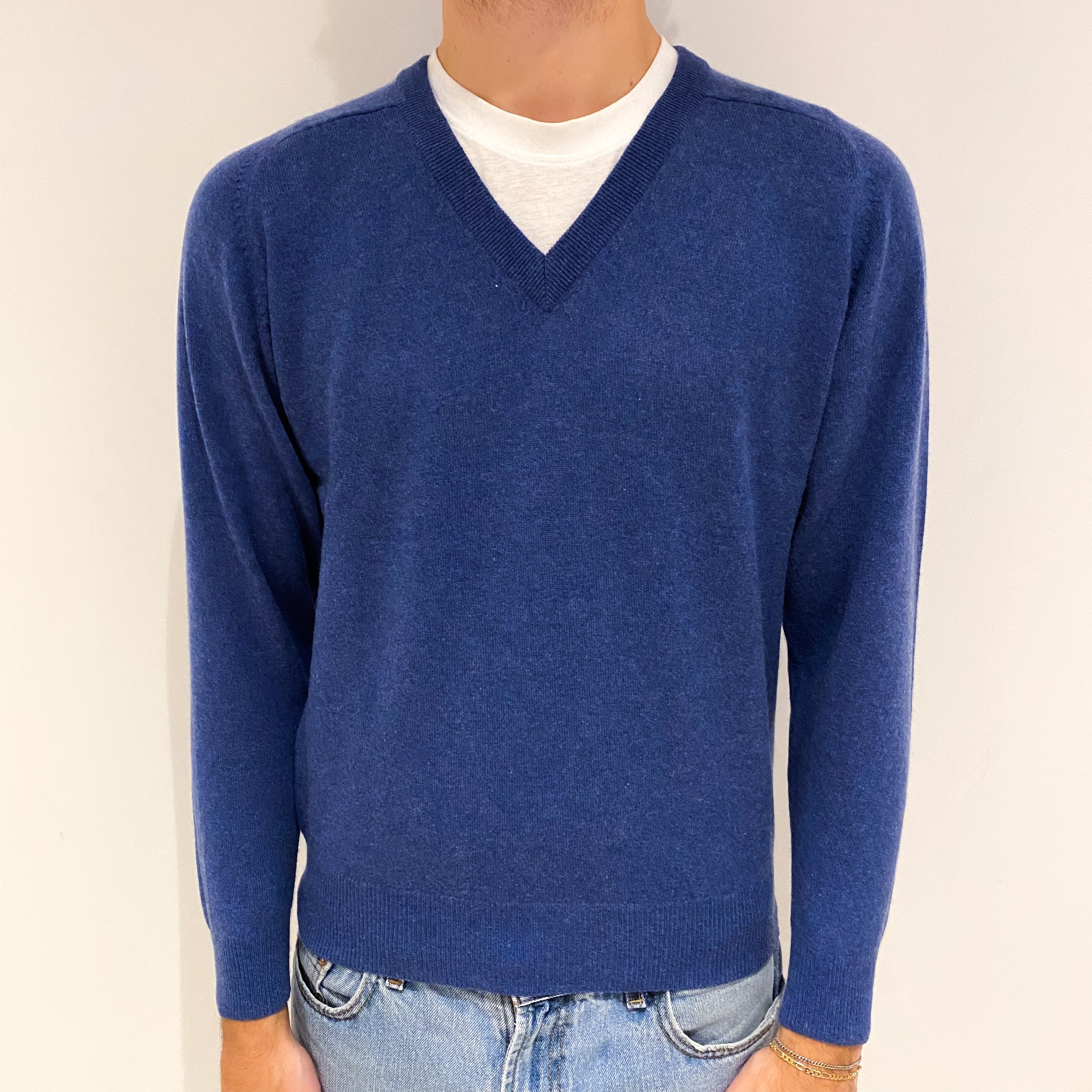 Men's Airforce Blue Cashmere V-Neck Jumper Large