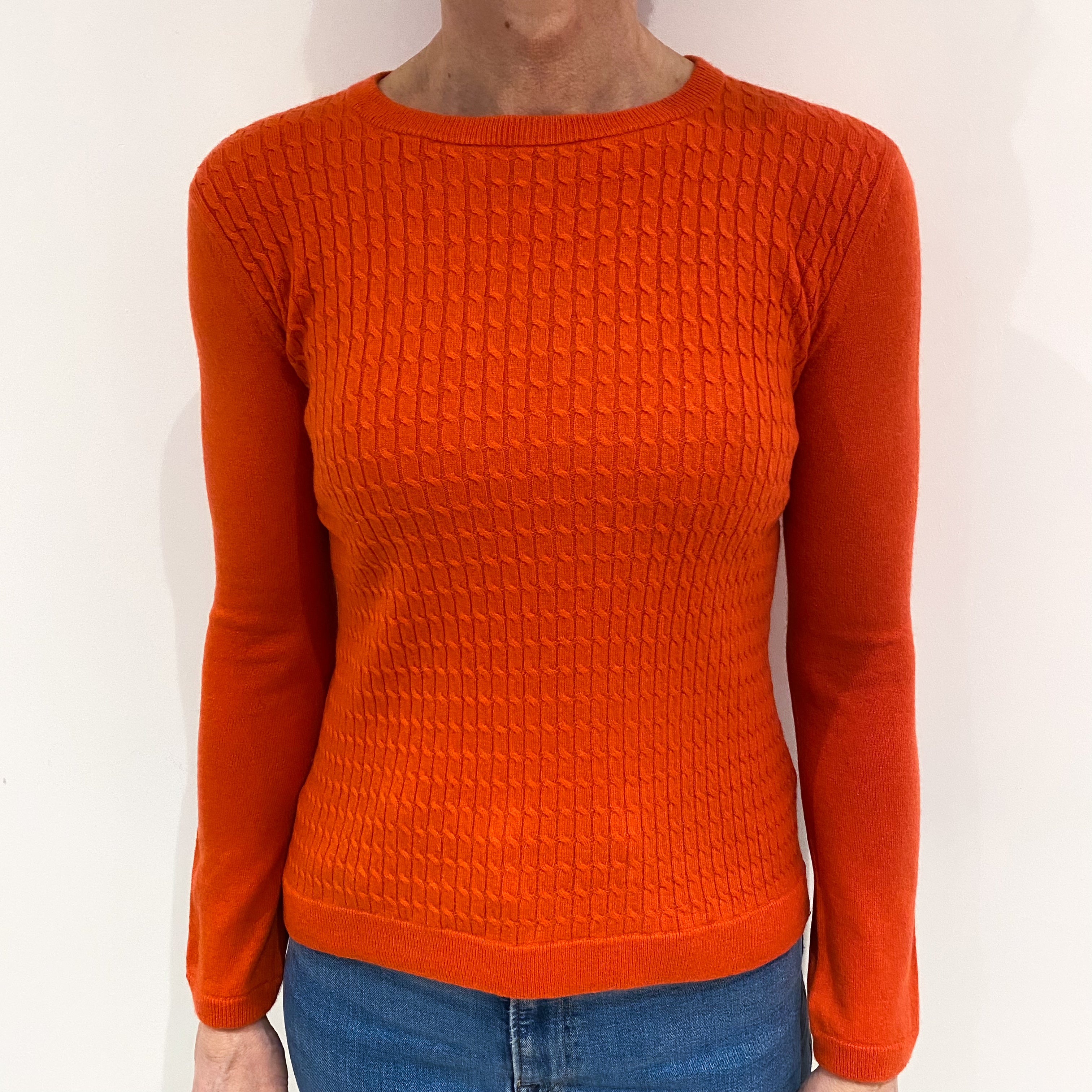 Tangerine Orange Cable Knit Cashmere Crew Neck Jumper Small