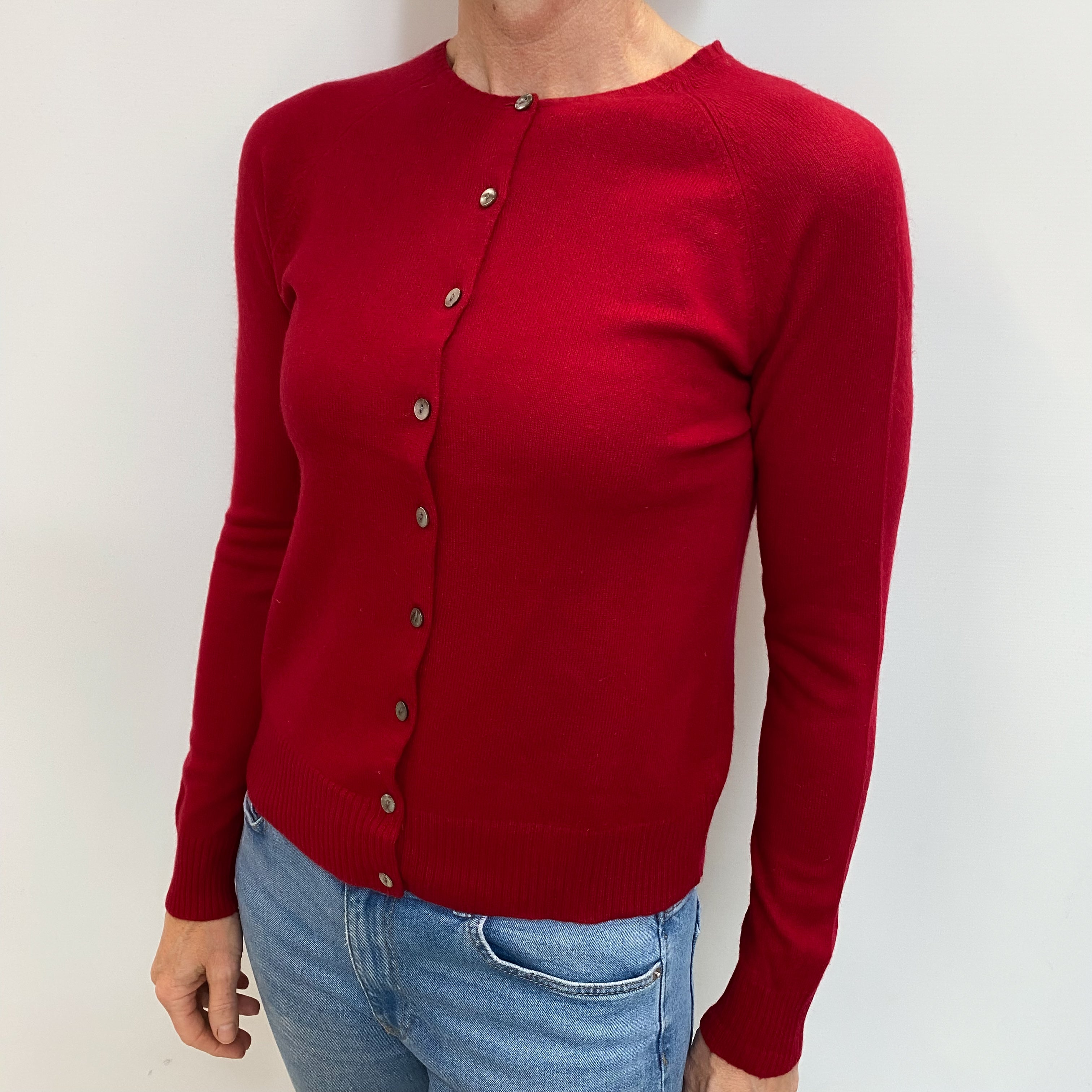 Crimson Red Cashmere Crew Neck Cardigan Small