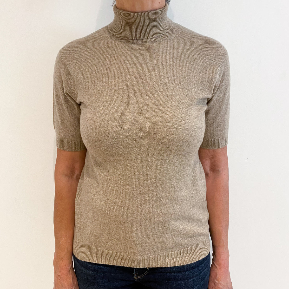 Taupe Brown Cashmere Short Sleeve Polo Neck Jumper Medium
