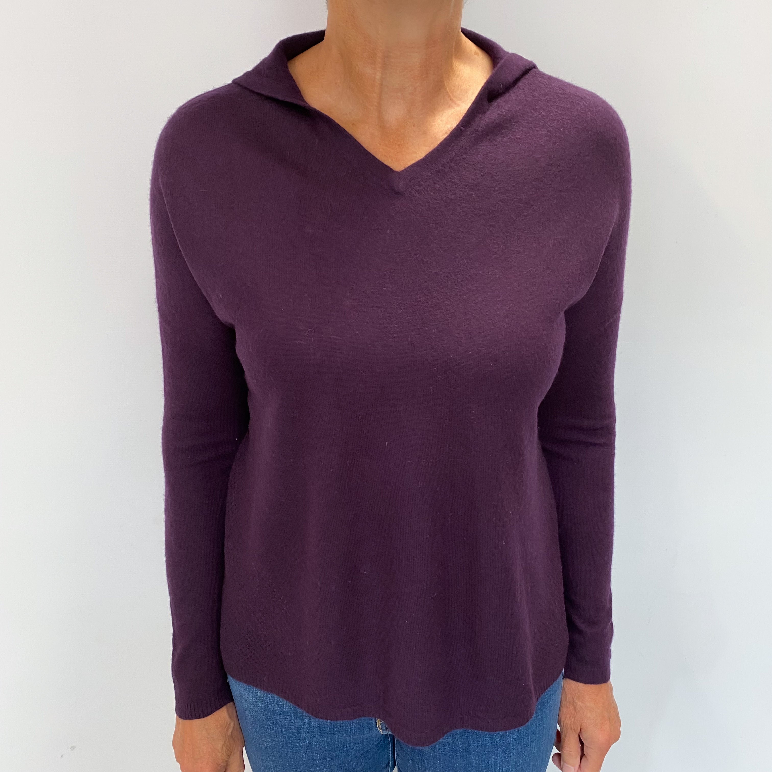 Aubergine Purple Cashmere V Neck Hoodie Jumper Medium