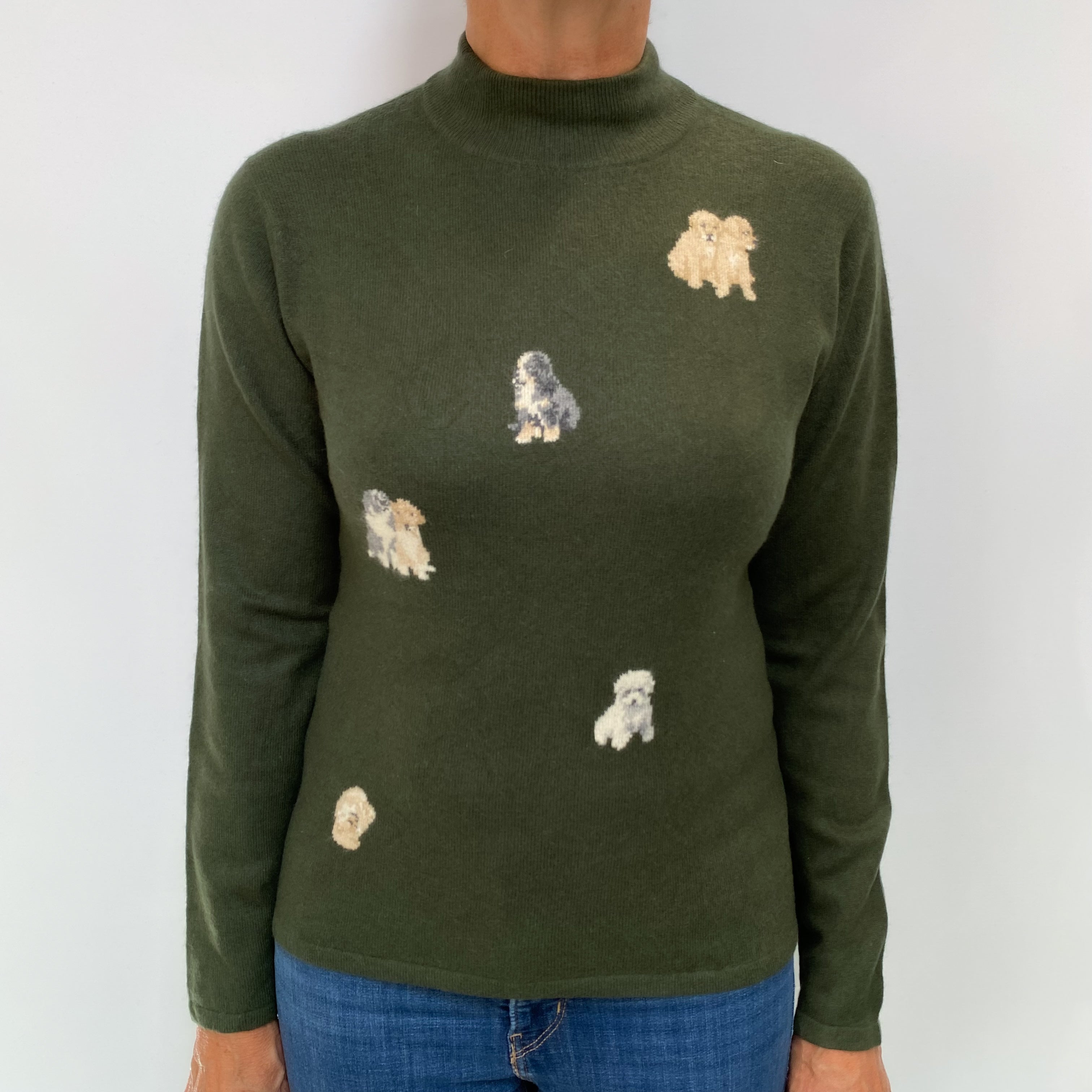 Pine Green Puppy Motif Cashmere Turtle Neck Jumper Medium