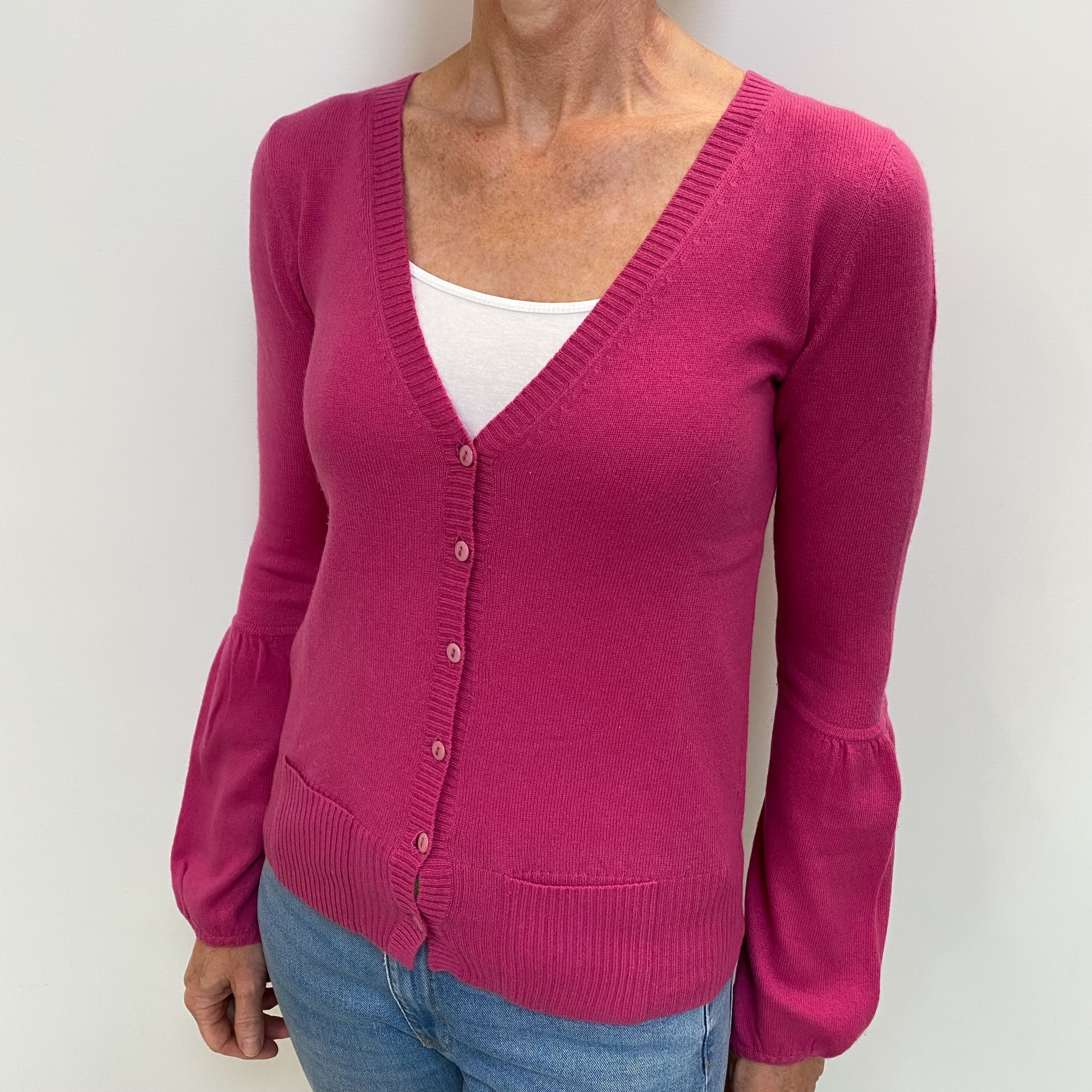 Fuchsia Pink Cashmere V Neck Cardigan Small