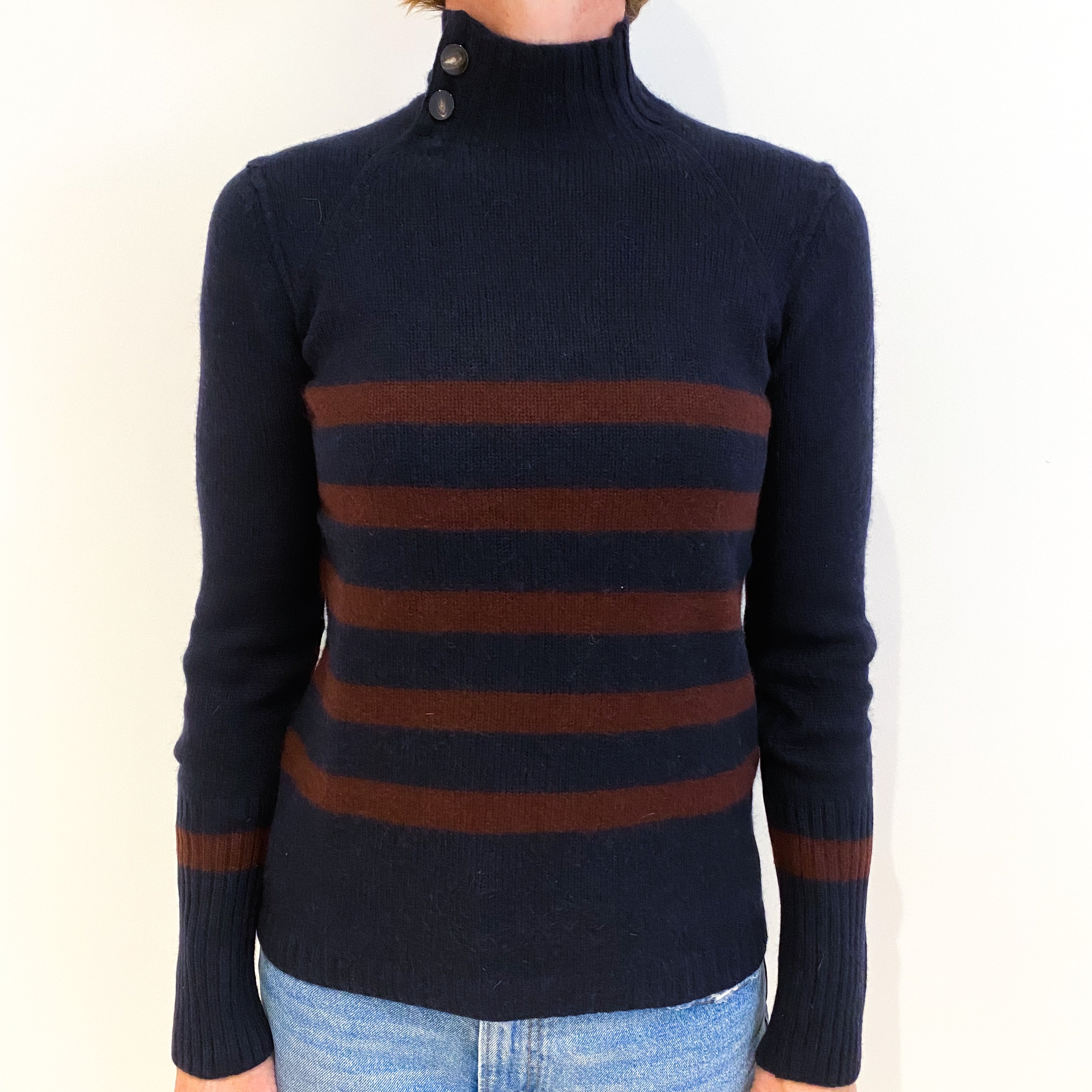 Navy Brown Stripe Cashmere Turtle Neck Jumper Small