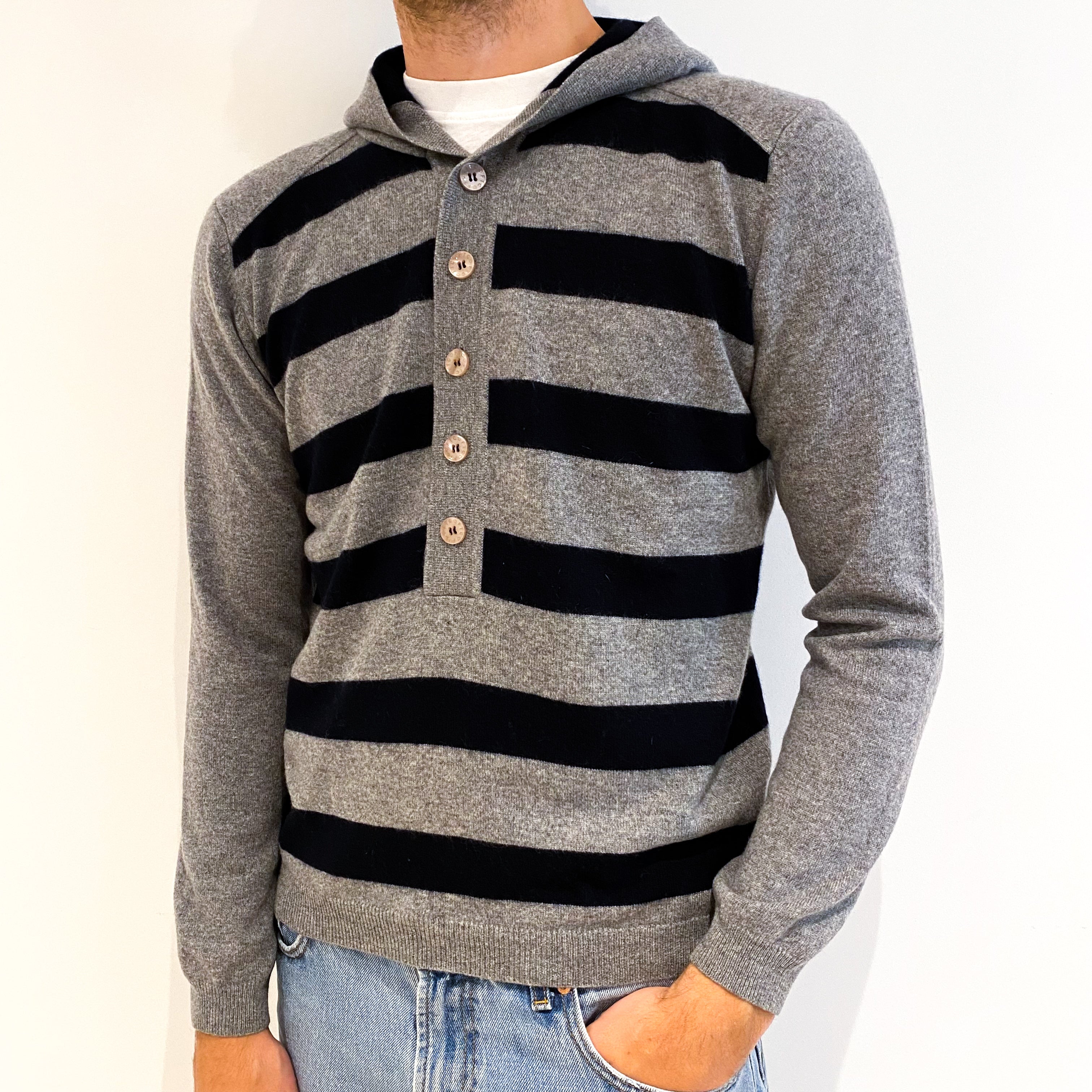 Men's Grey Navy Stripe Motif Cashmere 1/4 Button Hoodie Medium