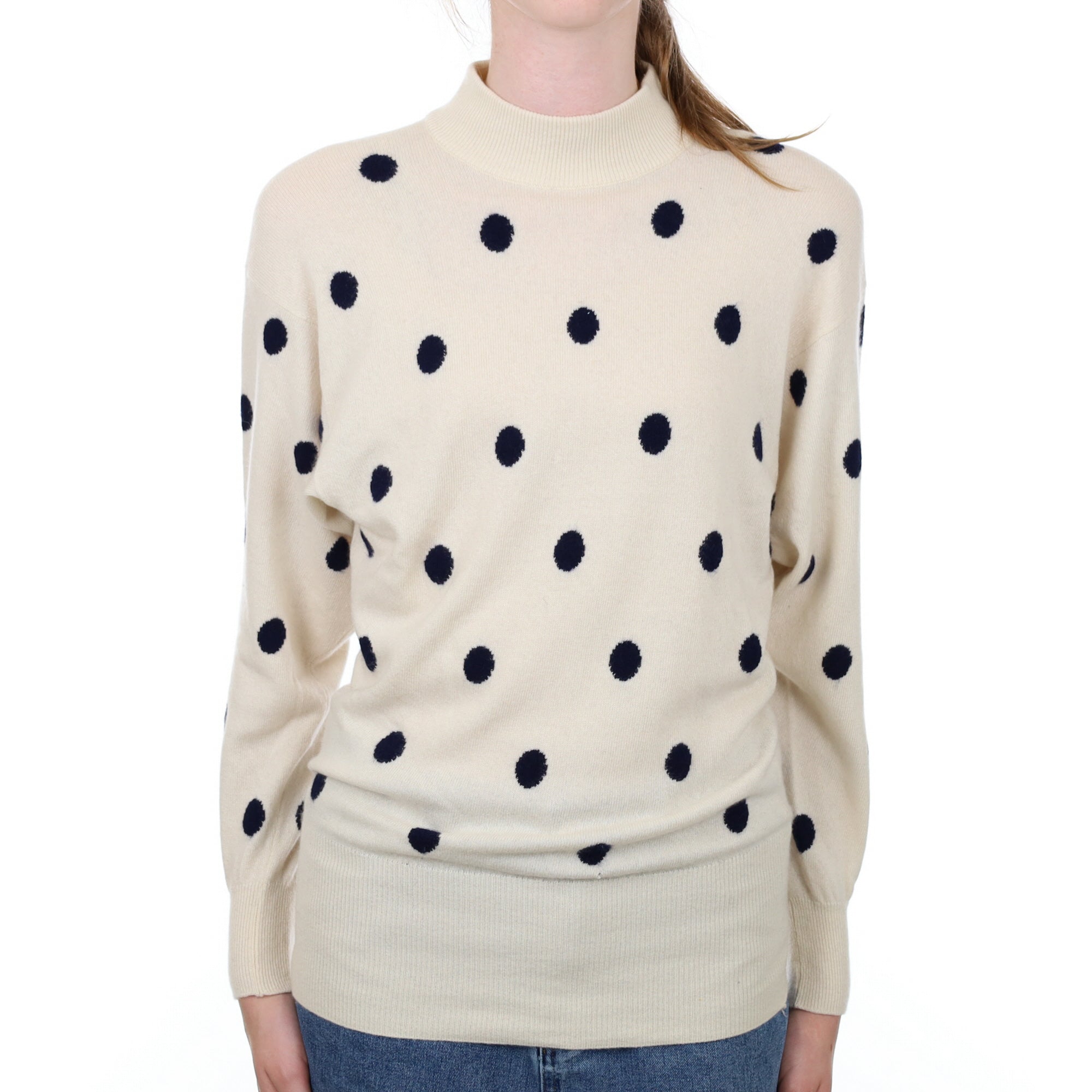 Cream Navy Spot Cashmere Turtle Neck Jumper Extra Small
