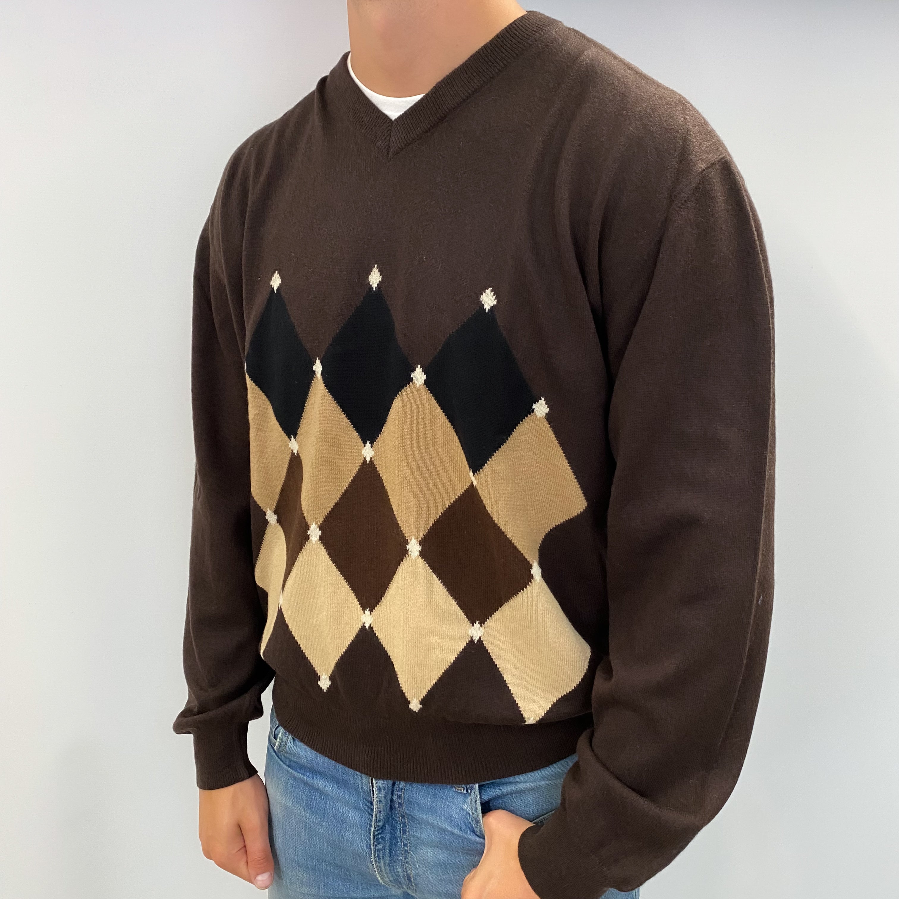 Men's Peppercorn Brown Patterned Cashmere V Neck Jumper XL