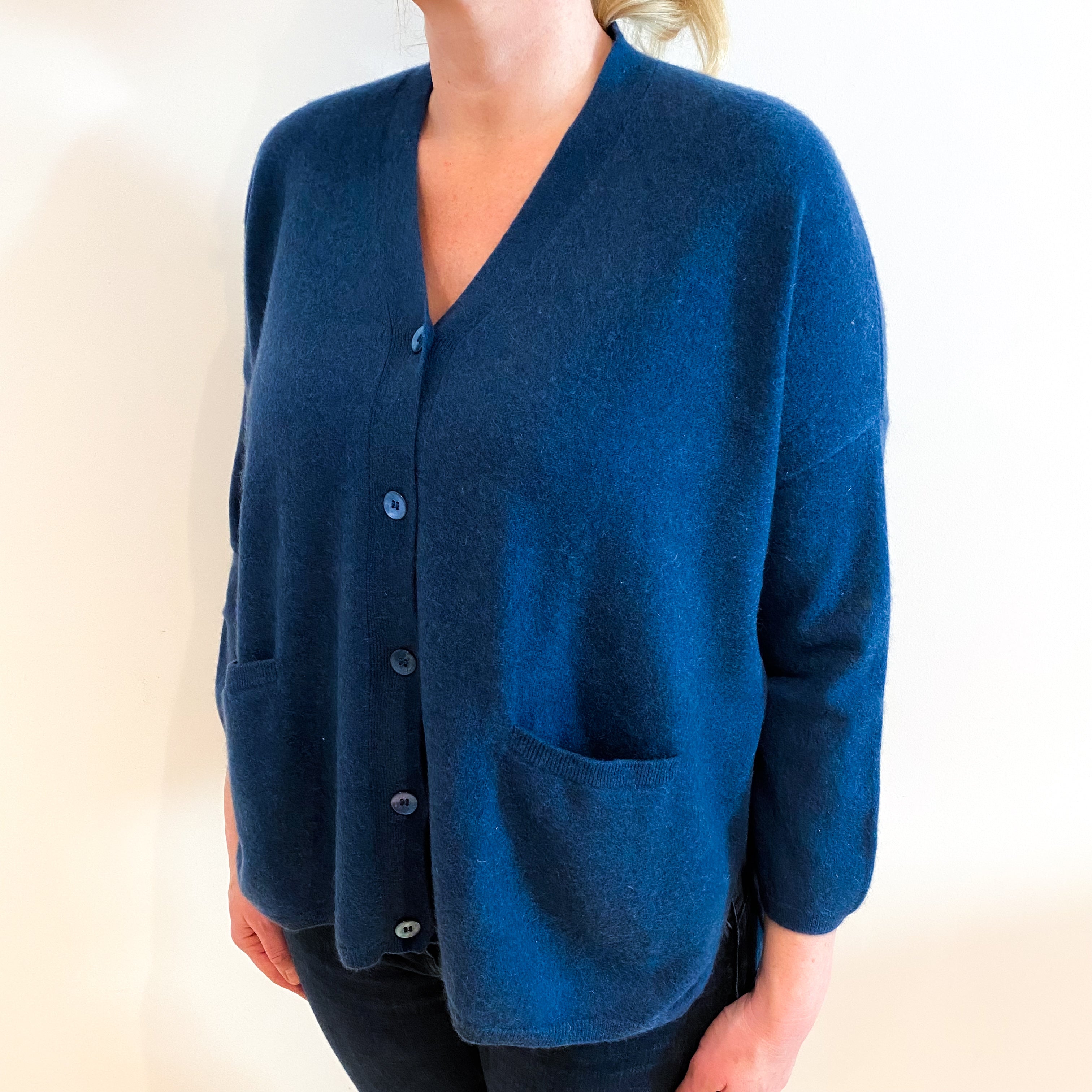Navy Blue Cashmere V Neck Cardigan Large