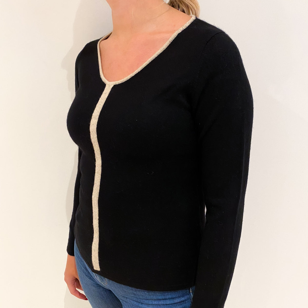 Black Oatmeal Trim Cashmere V Neck Jumper Small