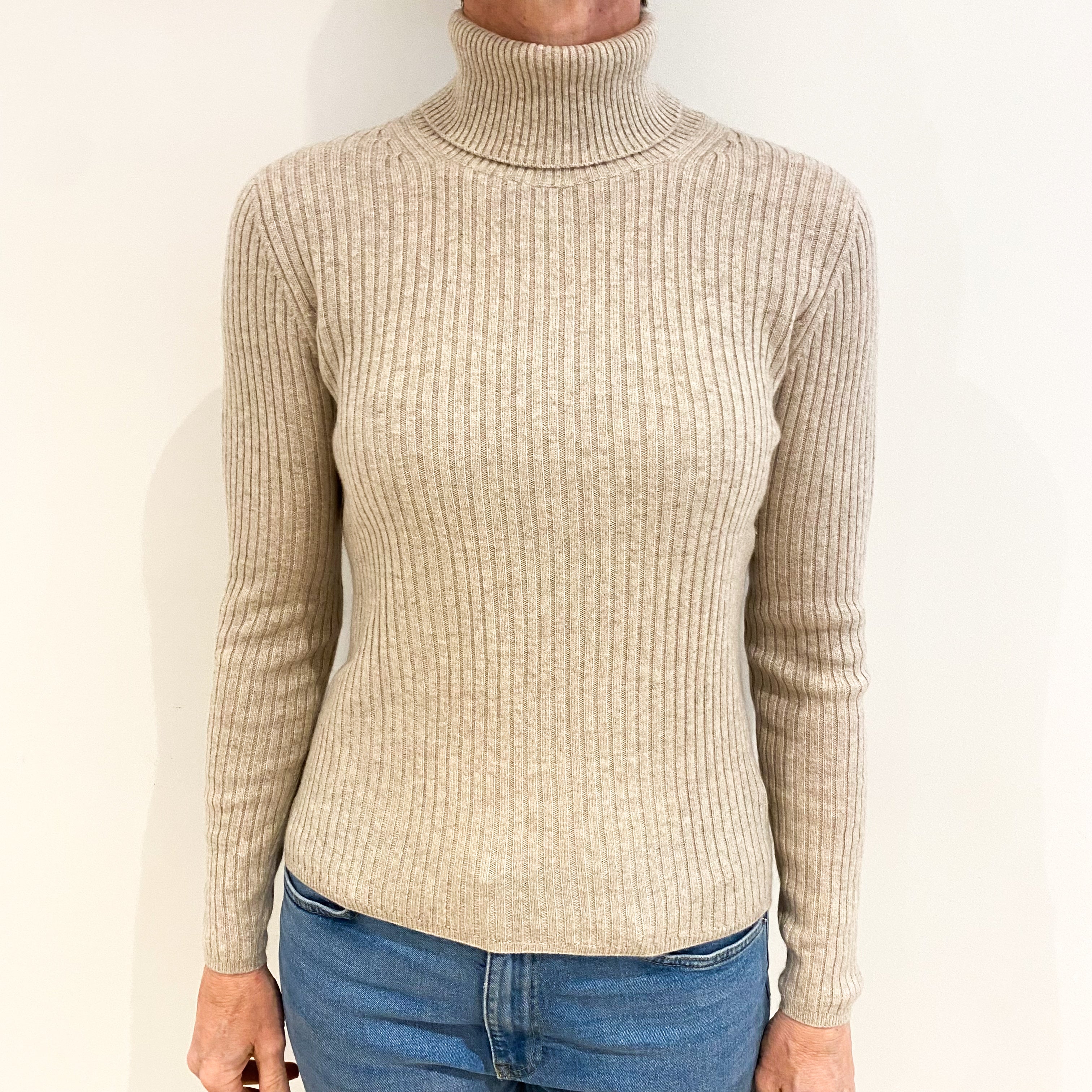 Oatmeal Beige Cashmere Polo Neck Jumper Small