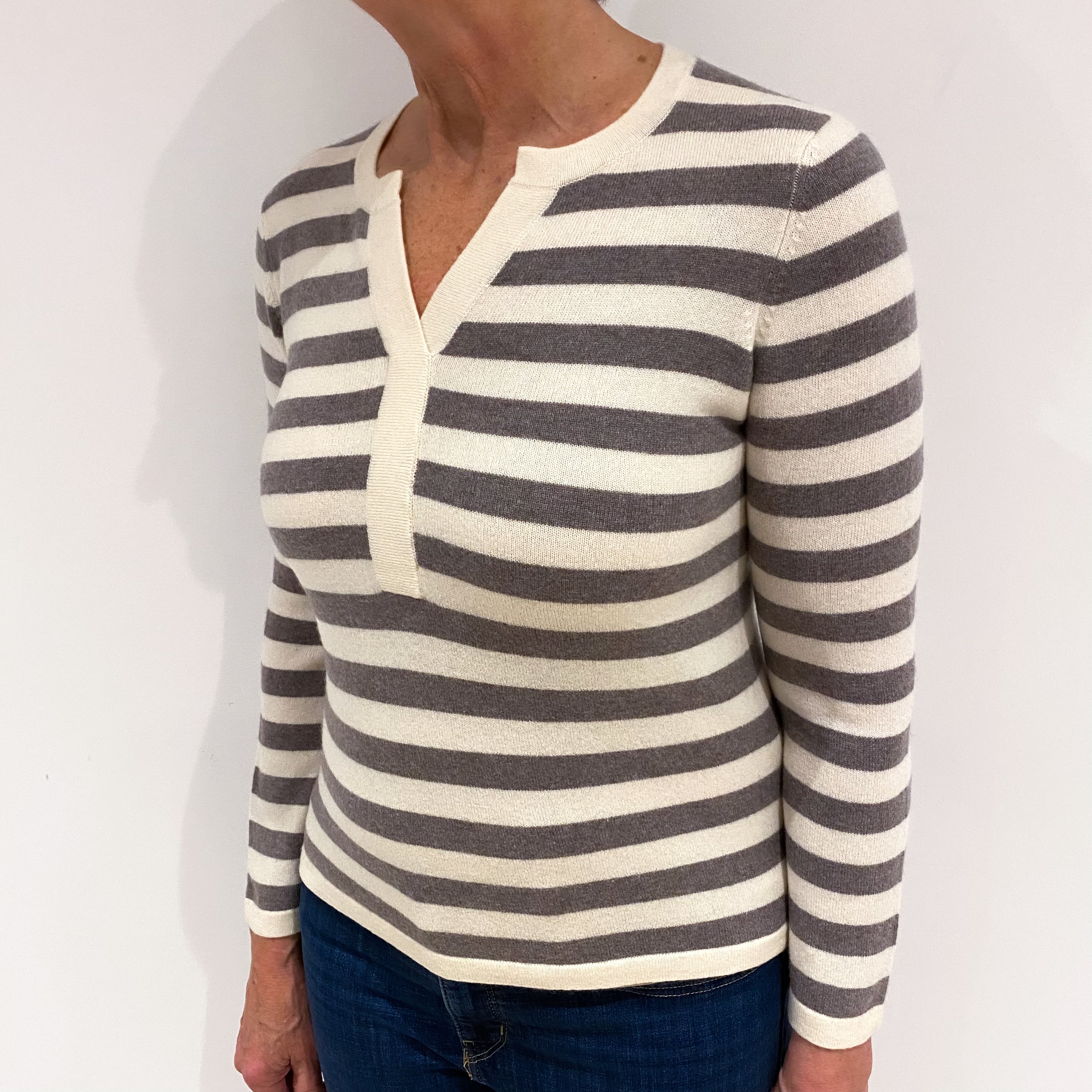 Mink And Cream Striped Cashmere V Neck Jumper Medium