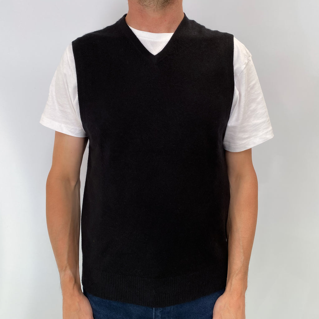 Black Men's Cashmere V Neck Sleeveless Jumper Small