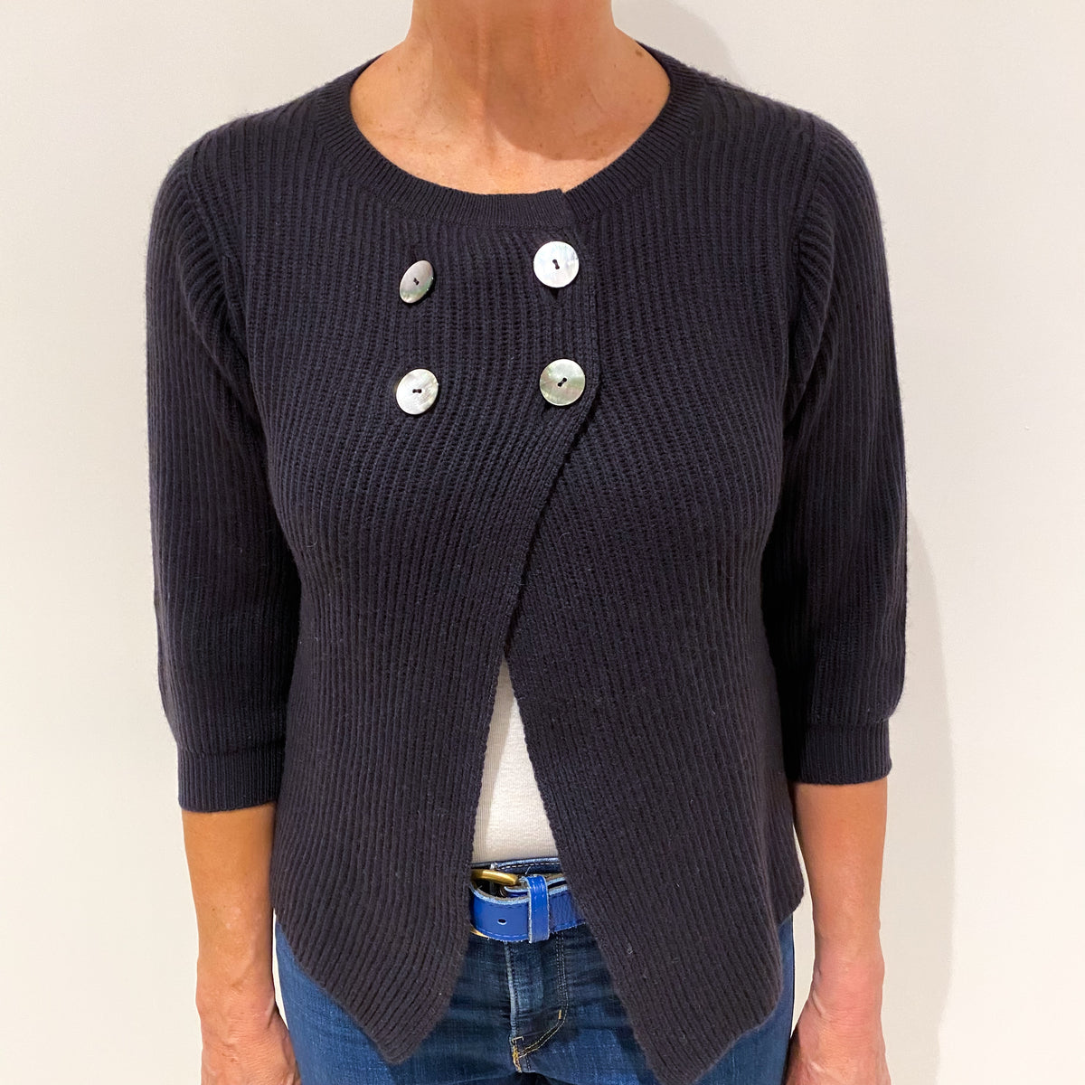 Dark Grey Rib Cashmere Crew Neck Cardigan Medium