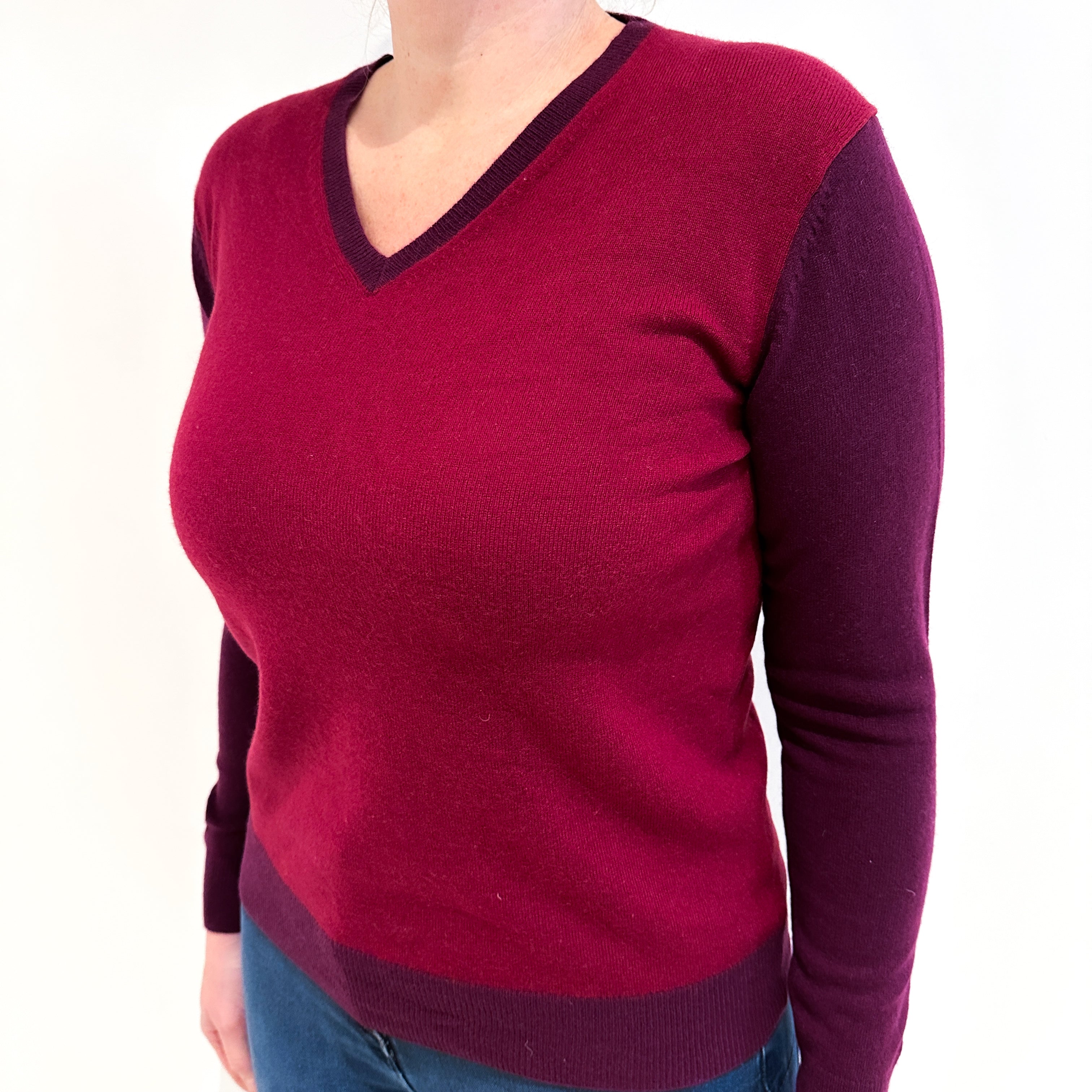 Burgundy and Plum Cashmere V Neck Jumper Large