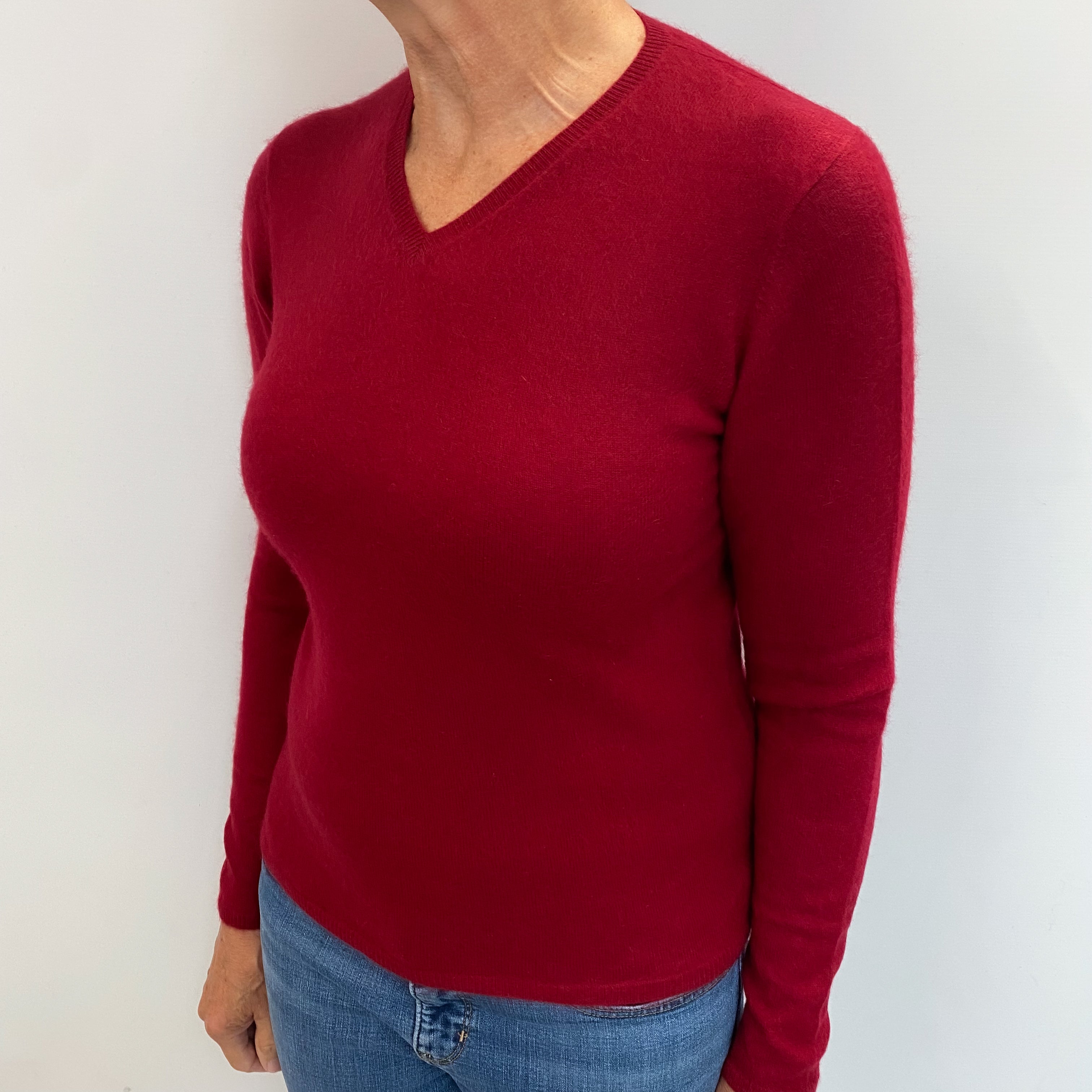 Crimson Red Cashmere V Neck Jumper Medium
