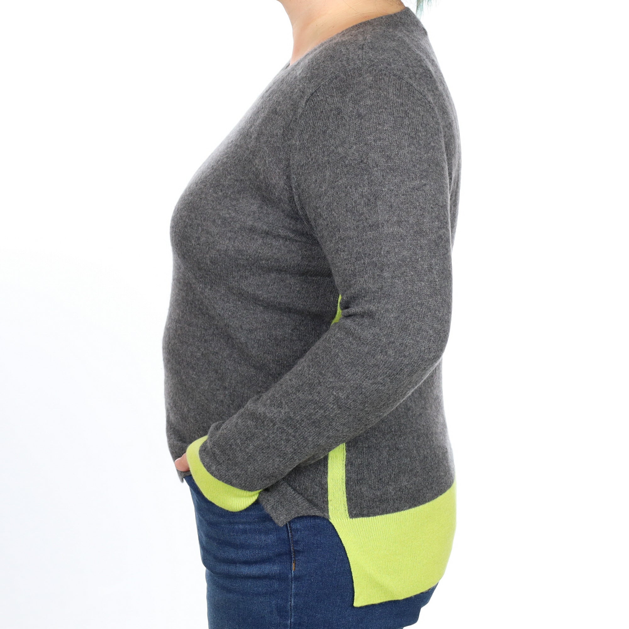 Slate Grey and Chartreuse Cashmere V Neck Jumper Large