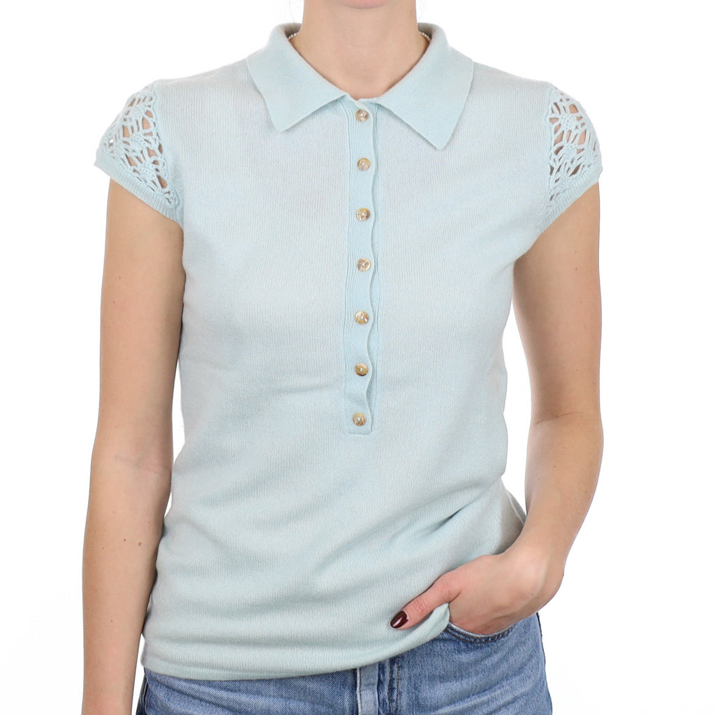 Mint Green Cashmere Short Lace Sleeve Collared Jumper Small