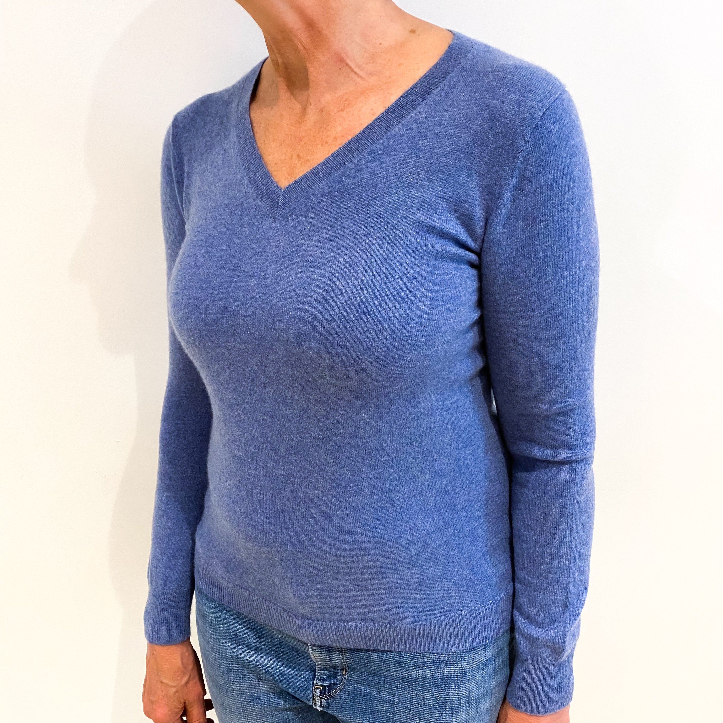 Denim Blue Cashmere V Neck Jumper Medium