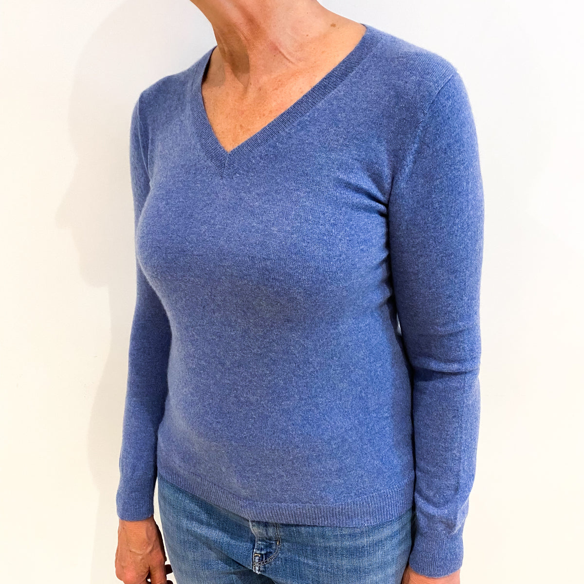 Denim Blue Cashmere V Neck Jumper Medium