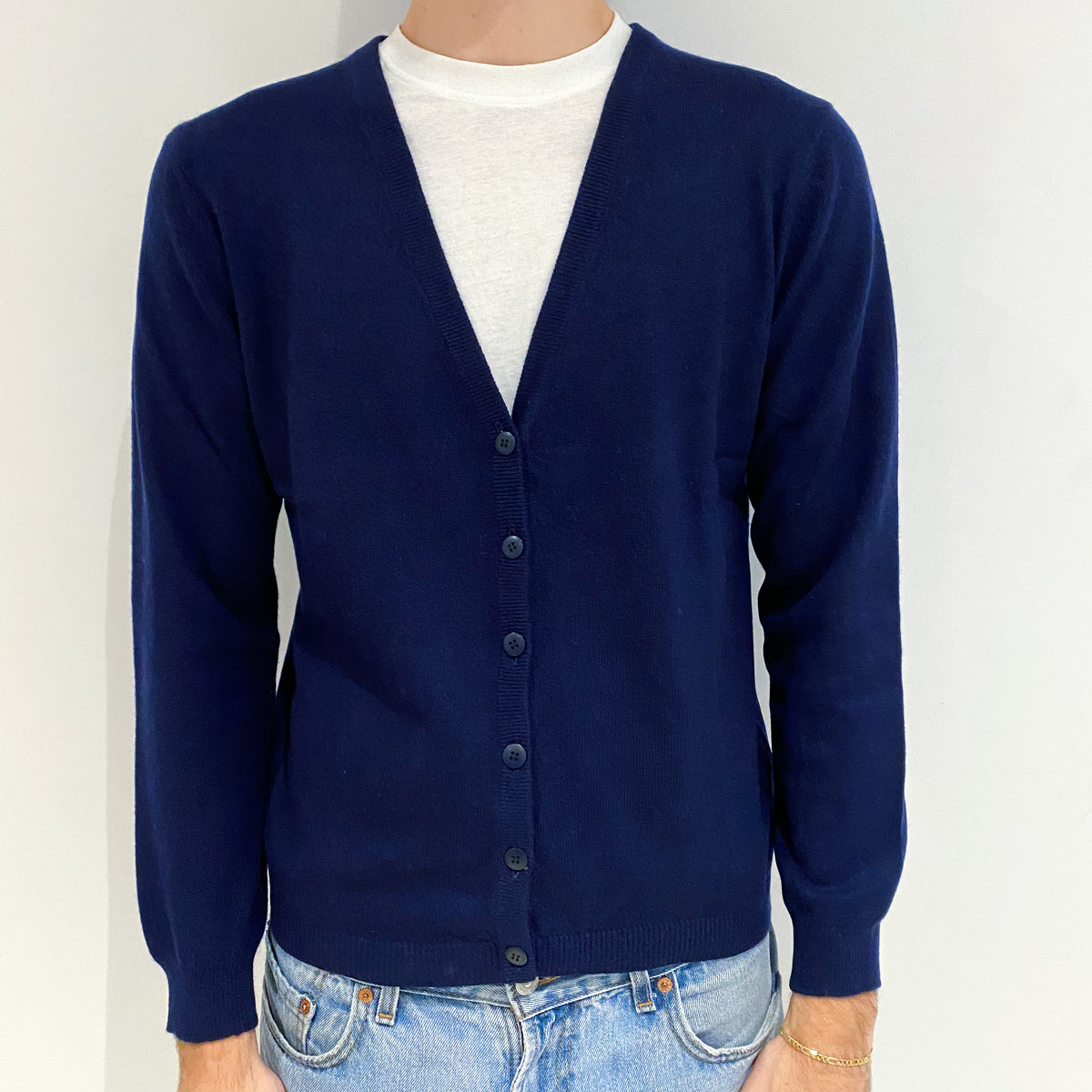 Men's Navy Blue Cashmere V-Neck Cardigan Large