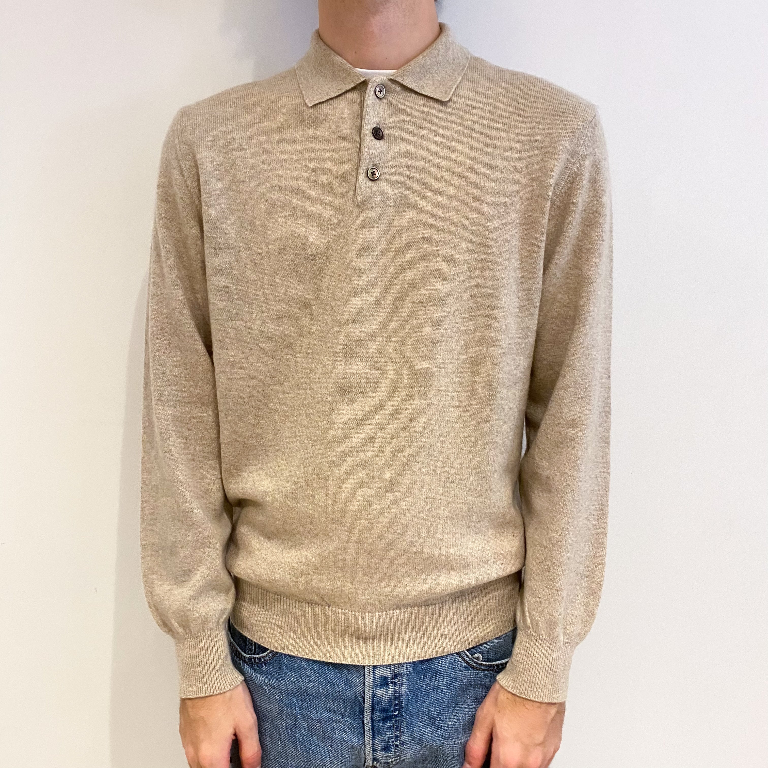 Men's Sand Beige Cashmere 1/4 Button Jumper Medium