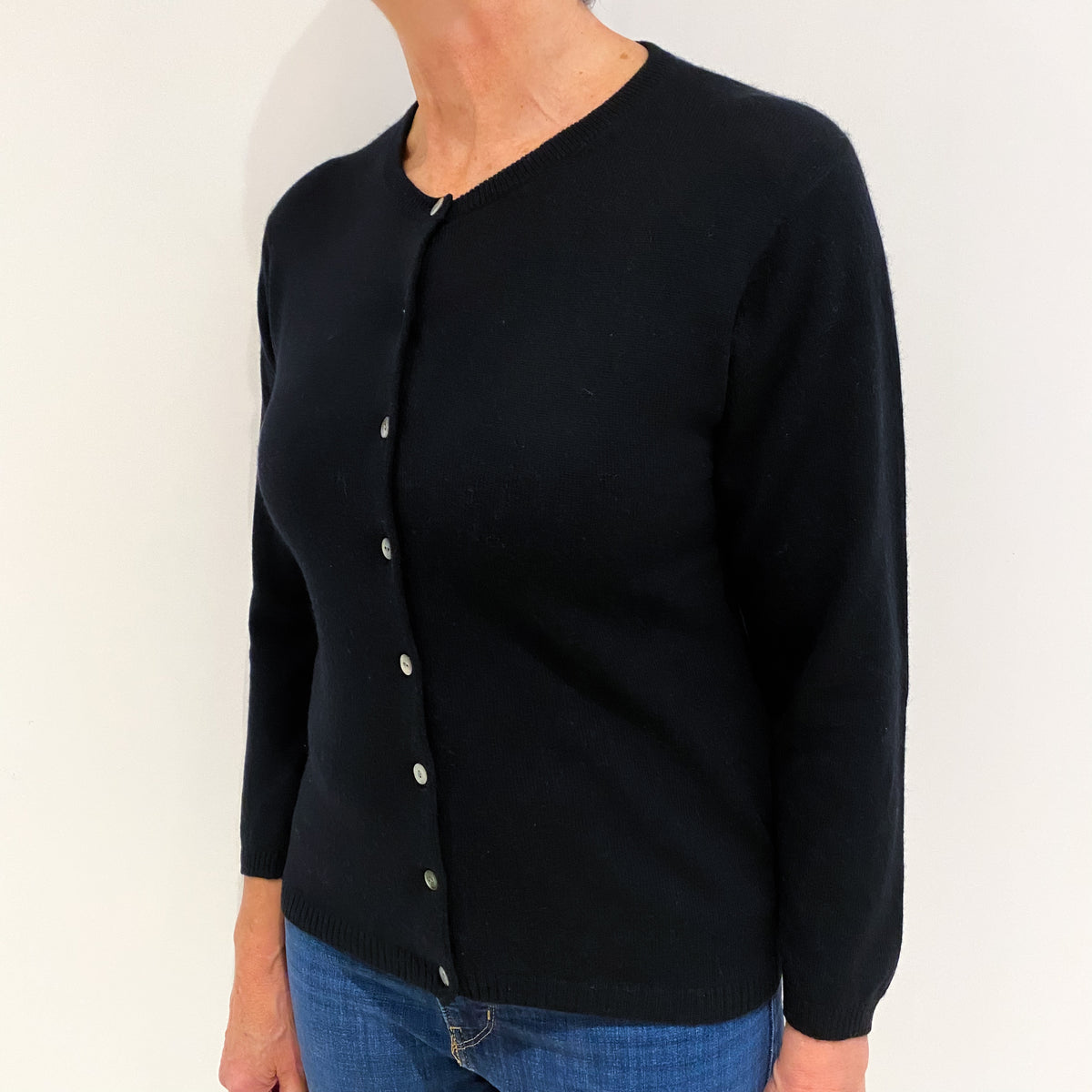 Black Cashmere Crew Neck Cardigan Medium