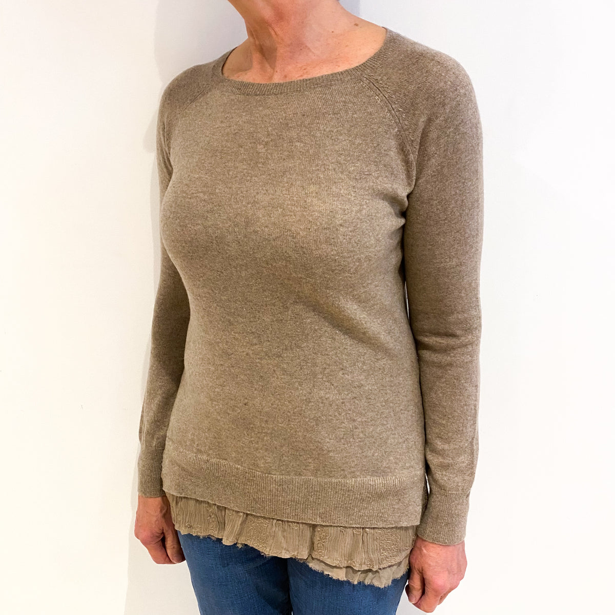 Fudge Brown With Frill Hem Cashmere Crew Neck Longline Jumper Medium
