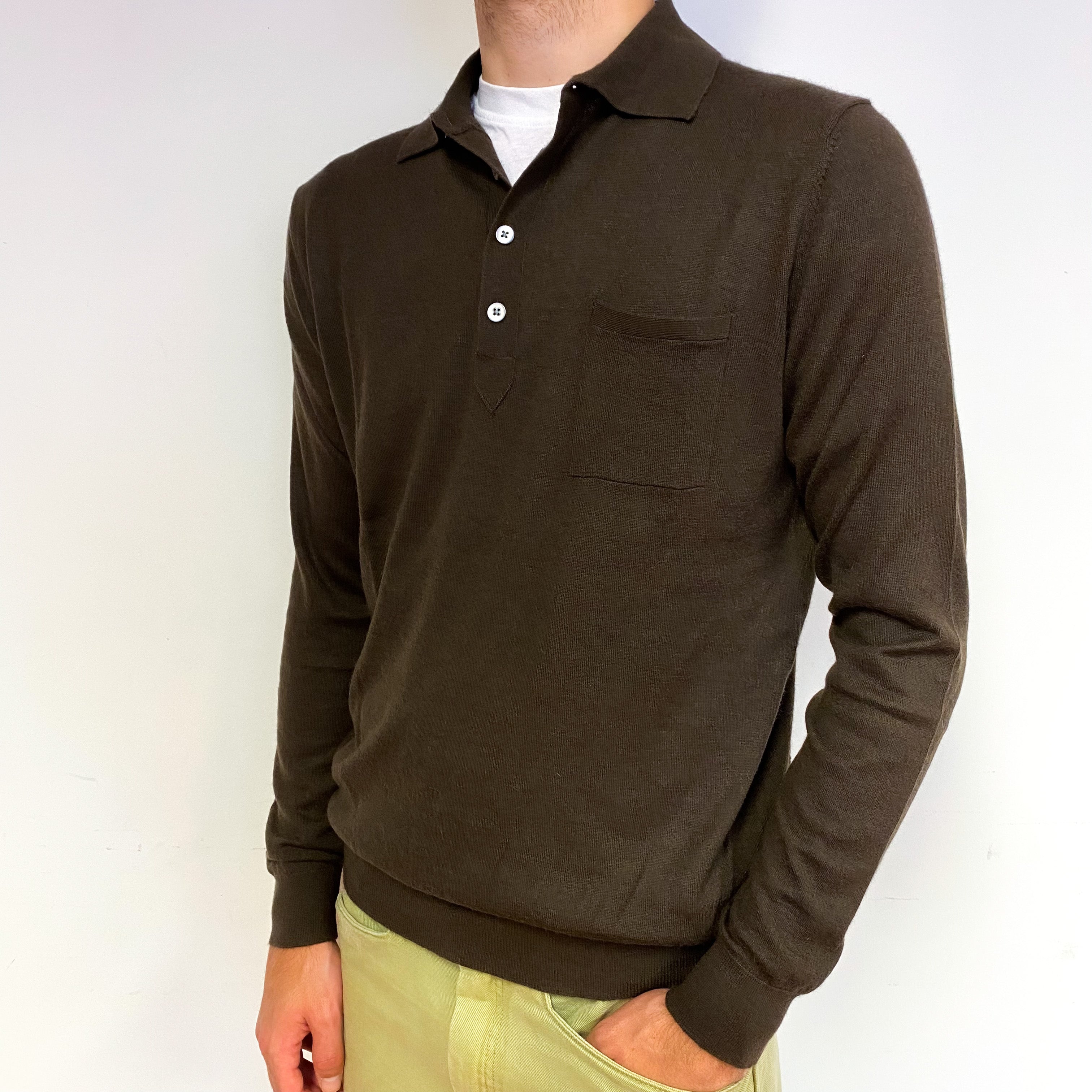 Men's Peppercorn Brown Fine Knit Cashmere 1/4 Button Jumper Large
