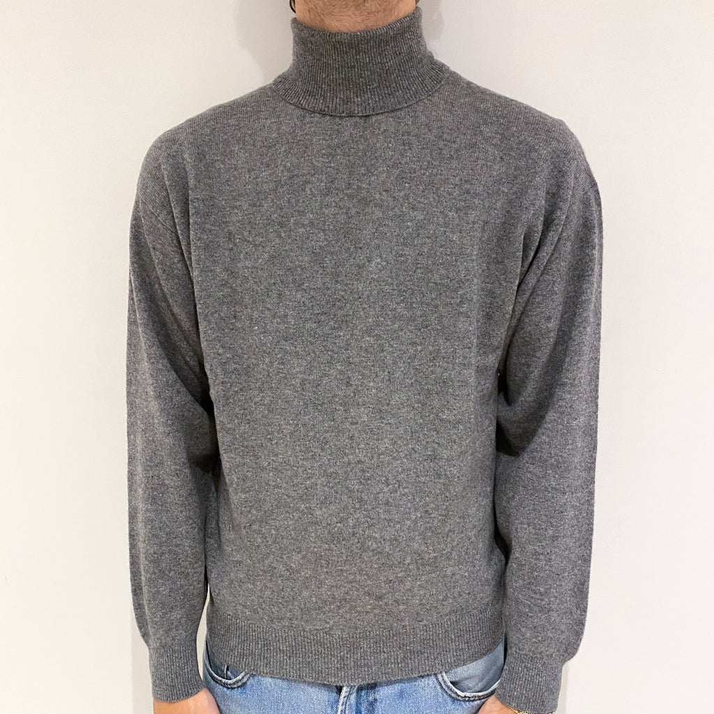 Men's Ash Grey Cashmere Polo Neck Jumper Large