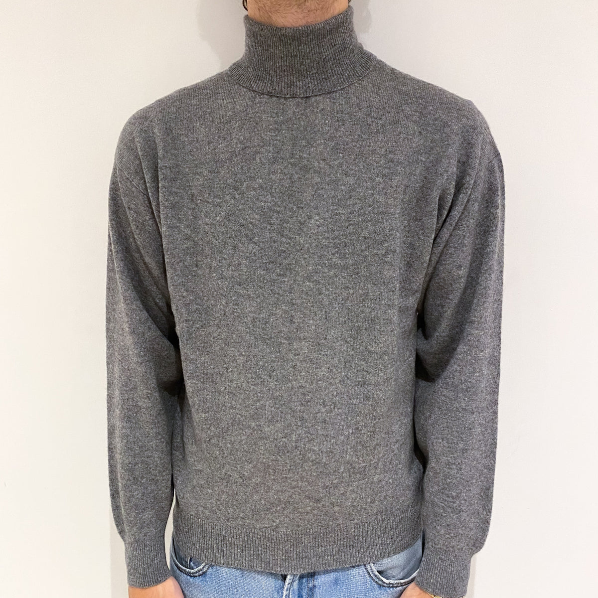 Men's Ash Grey Cashmere Polo Neck Jumper Large