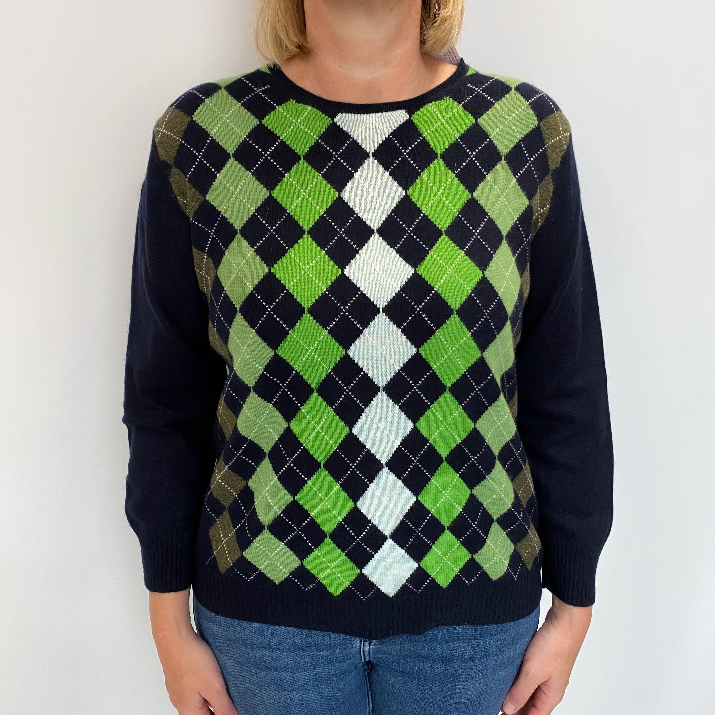 Navy Argyle Cashmere Crew Neck Jumper Large
