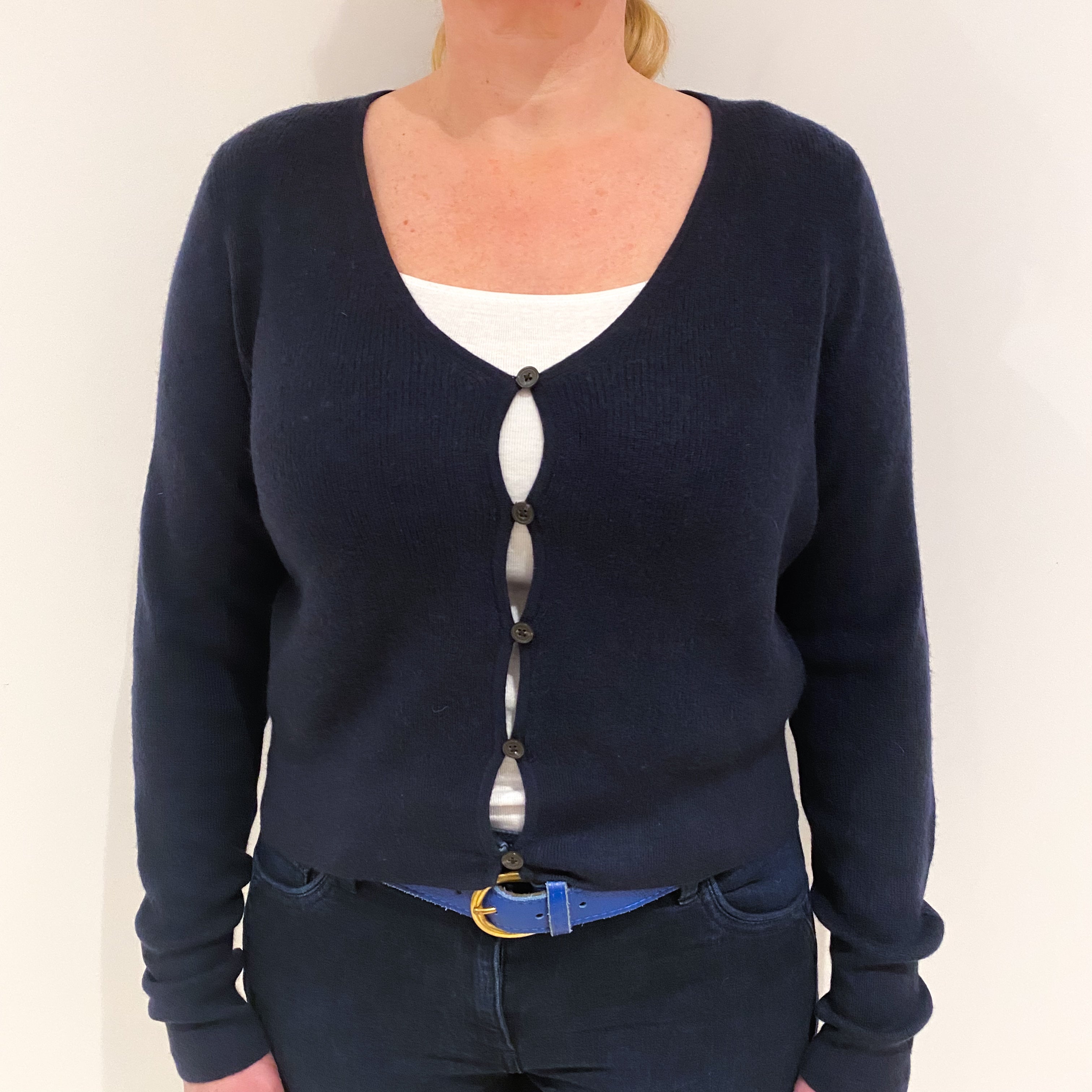 Navy Blue Cropped Scoop Neck Cashmere Cardigan Large
