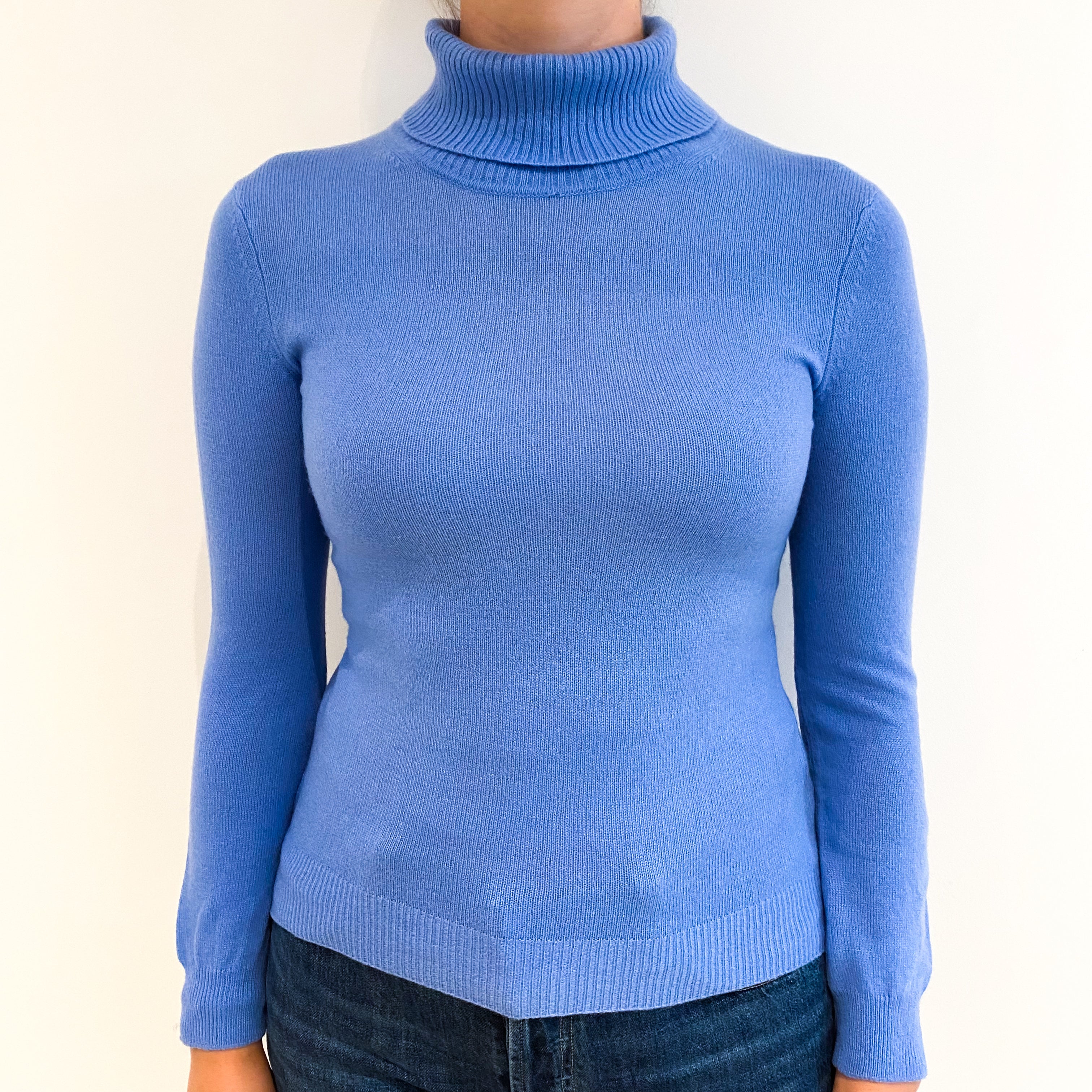 Cornflower Blue Lightweight Cashmere Polo Neck Jumper Small