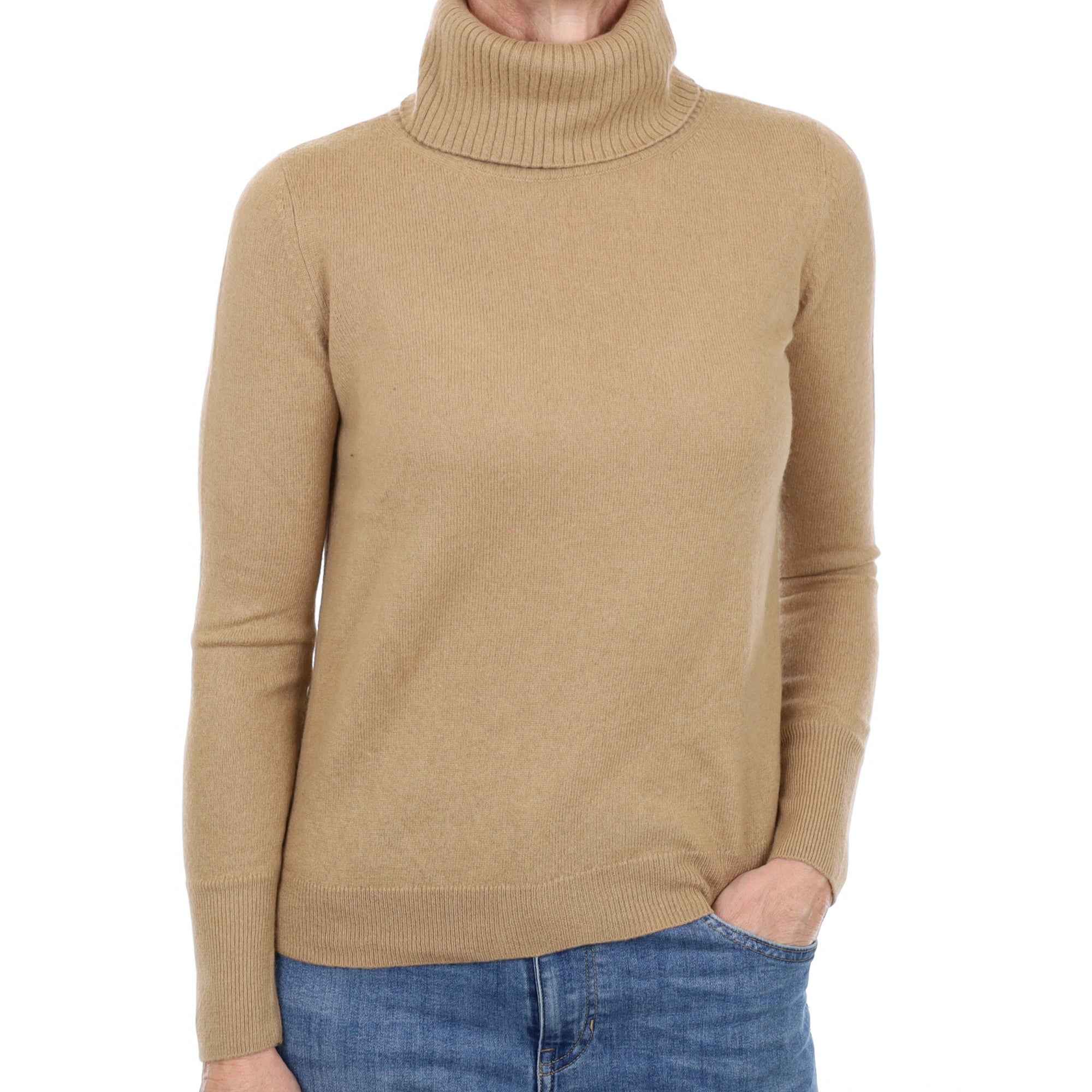 Camel Brown Cashmere Polo Neck Jumper Small
