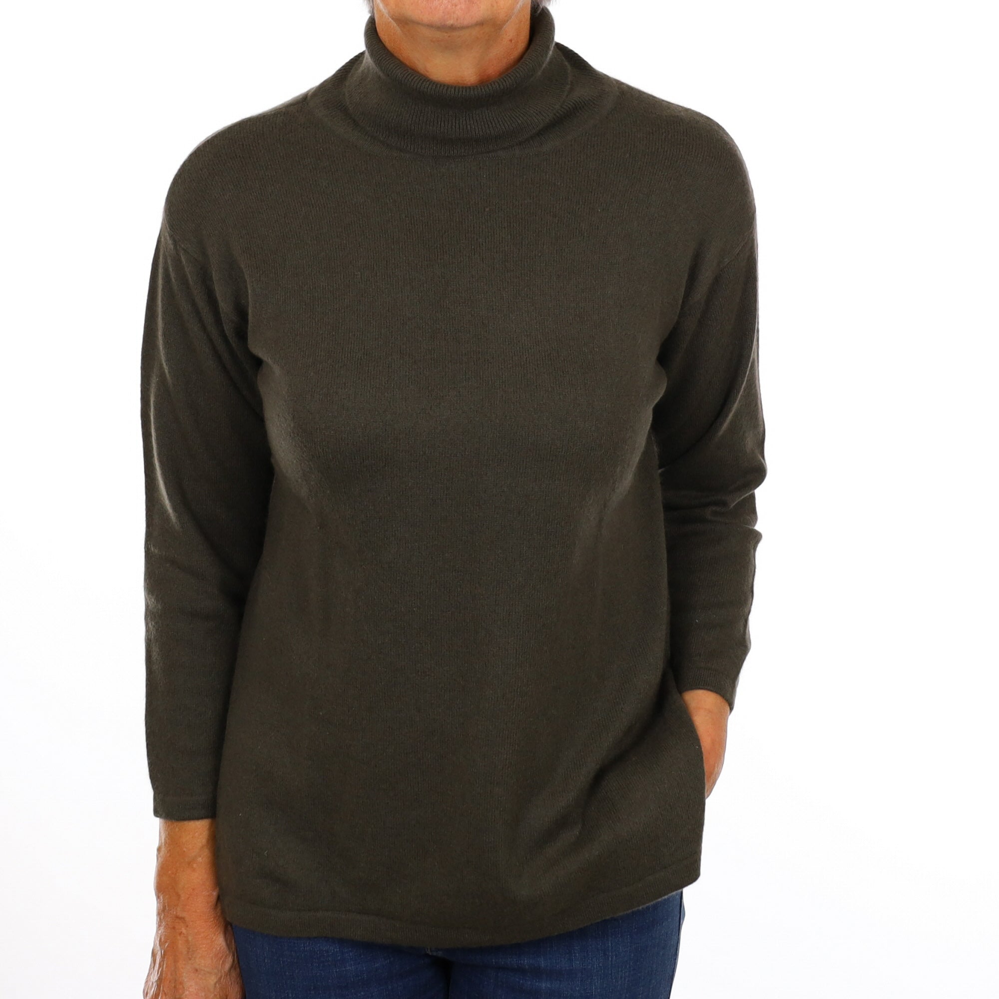 Khaki Green Cashmere Polo Neck Jumper Medium